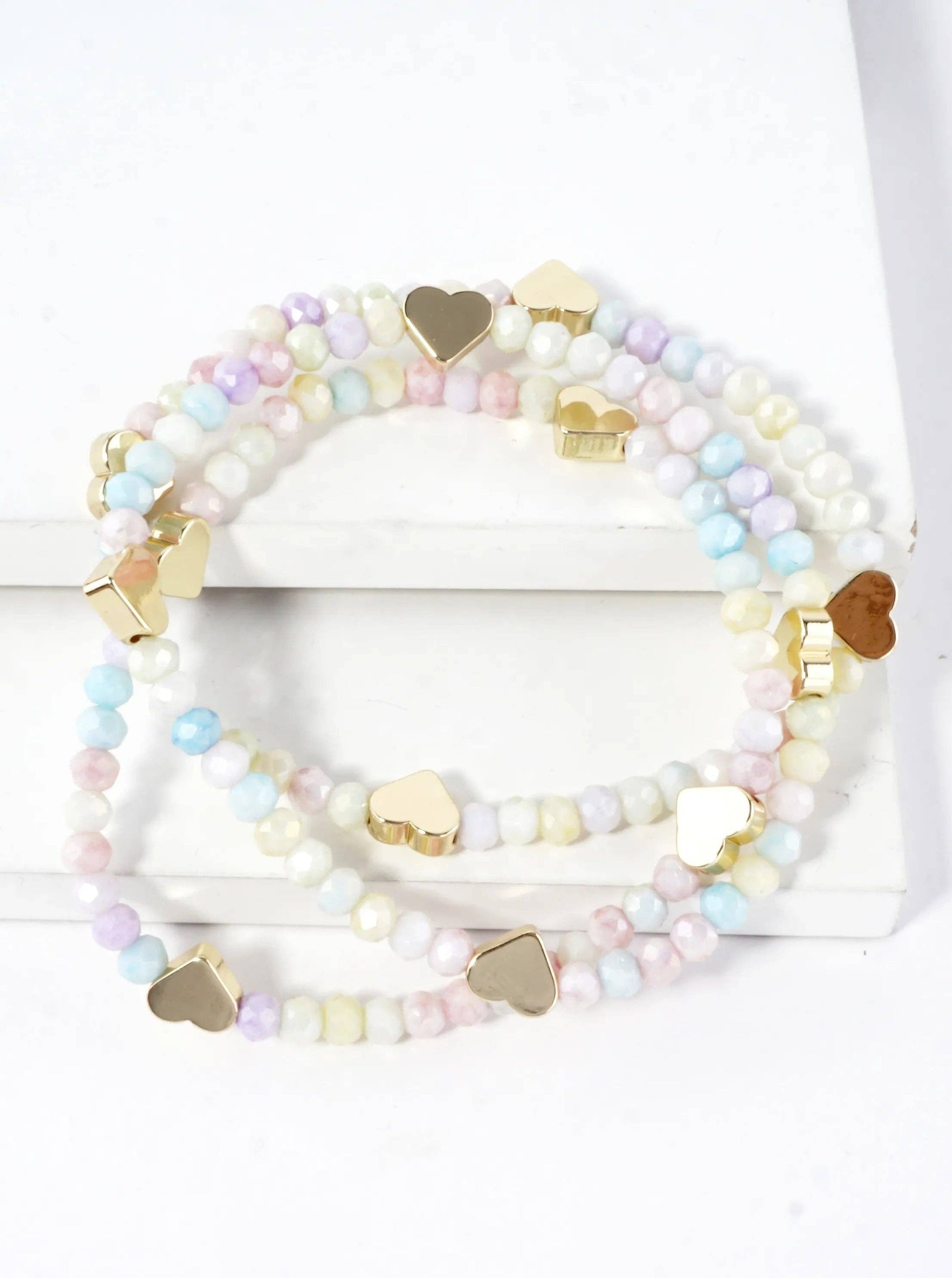 3-PC Set Faceted Glass Beads Hearts Stretch Bracelets