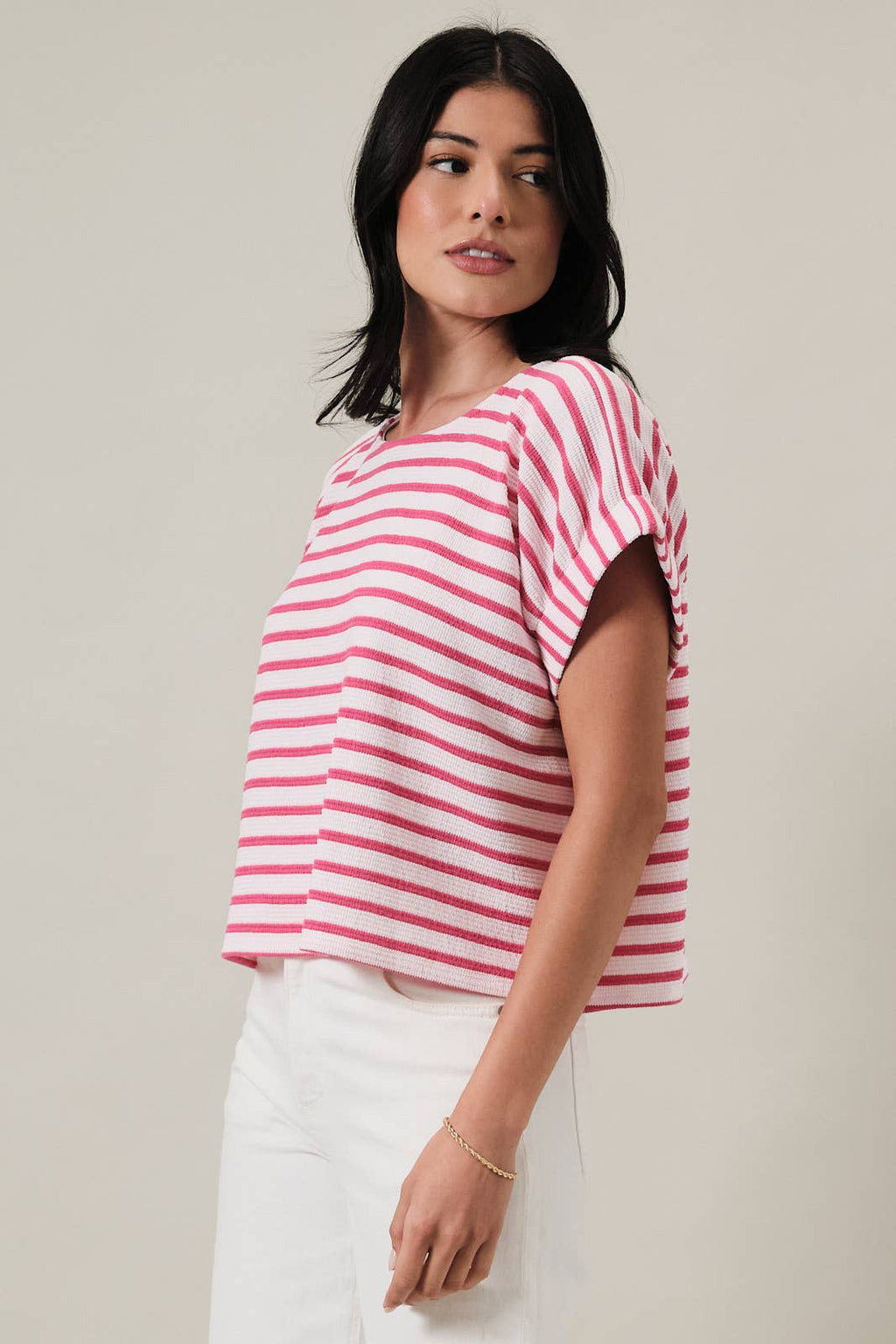 ROUND NECK SHORT SLEEVE ELASTIC CUFF STRIPE TOP