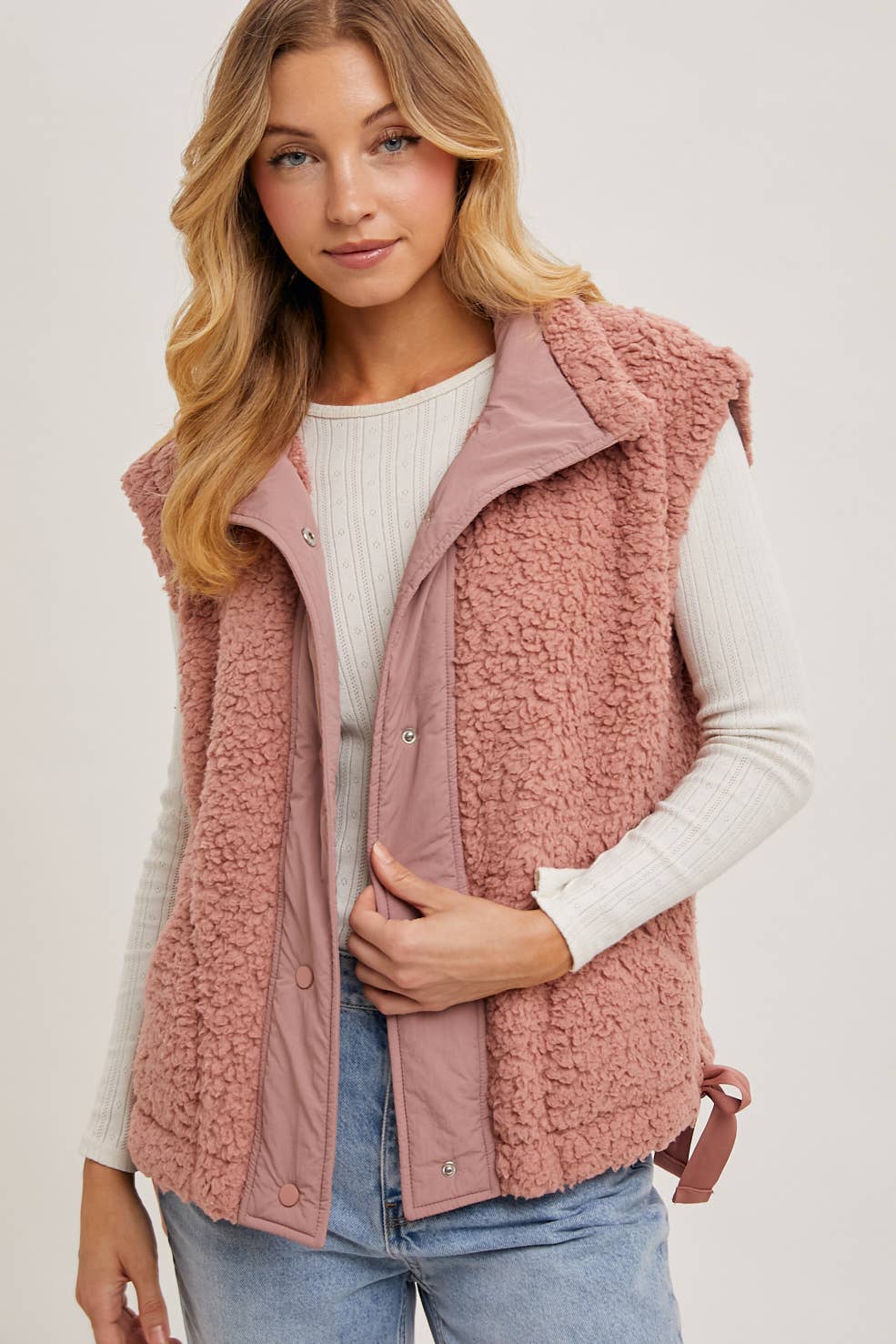 BUTTON DOWN MOCK NECK FLEECE SHERPA VEST