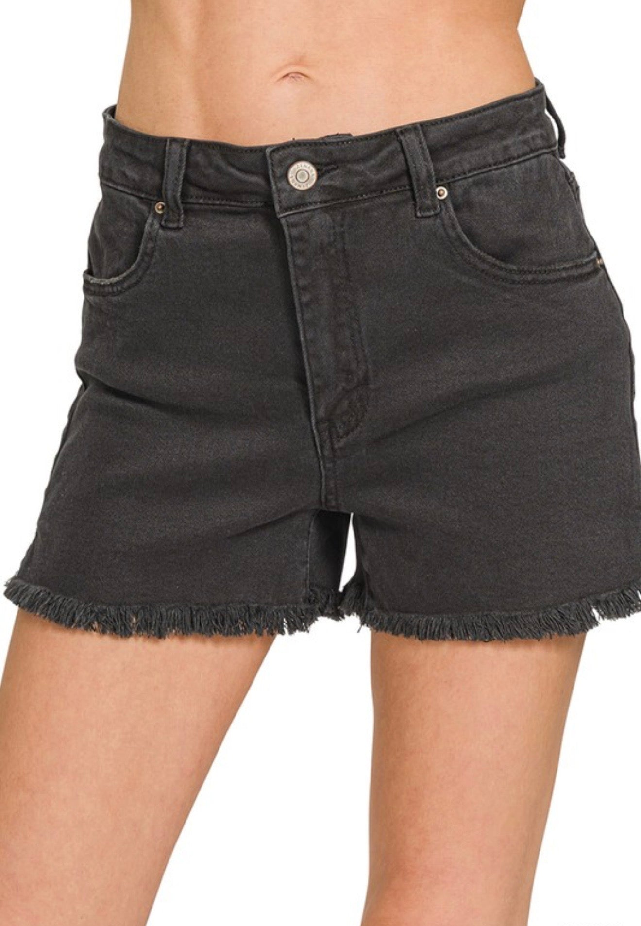 Acid Wash Raw Hem Black Denim Shorts