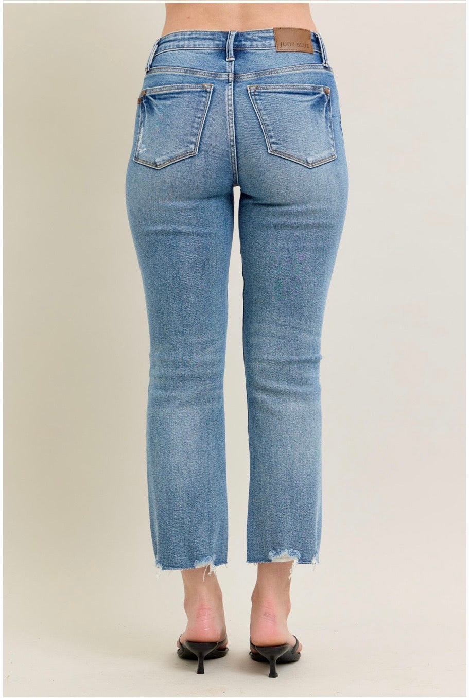 Judy Blue Vintage Wash Destroy Hem Kick Flare Crop Denim