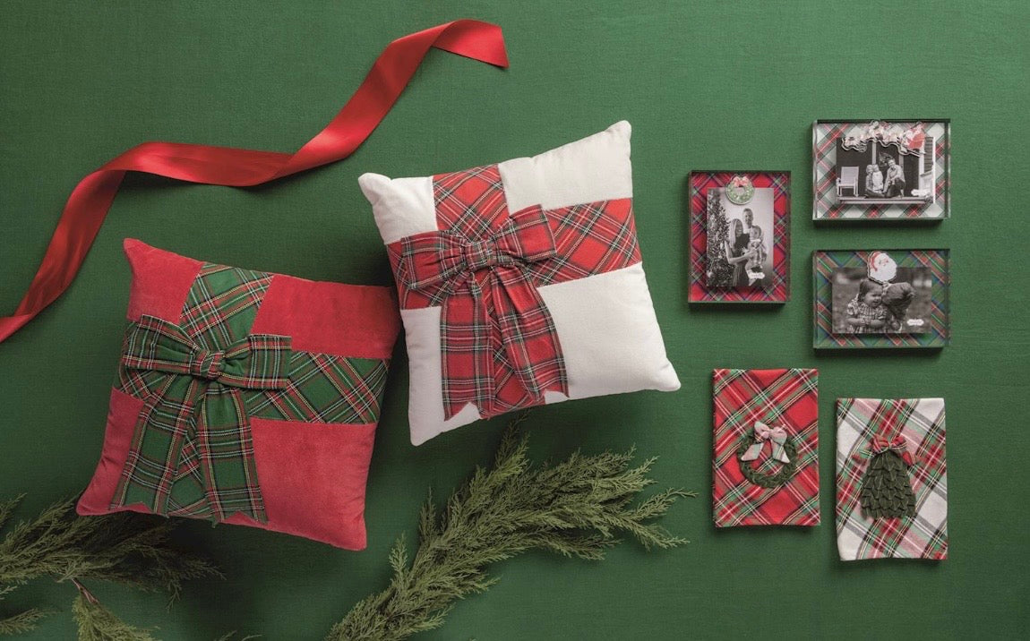 Red Velvet Pillow with Green Tartan Plaid Bow