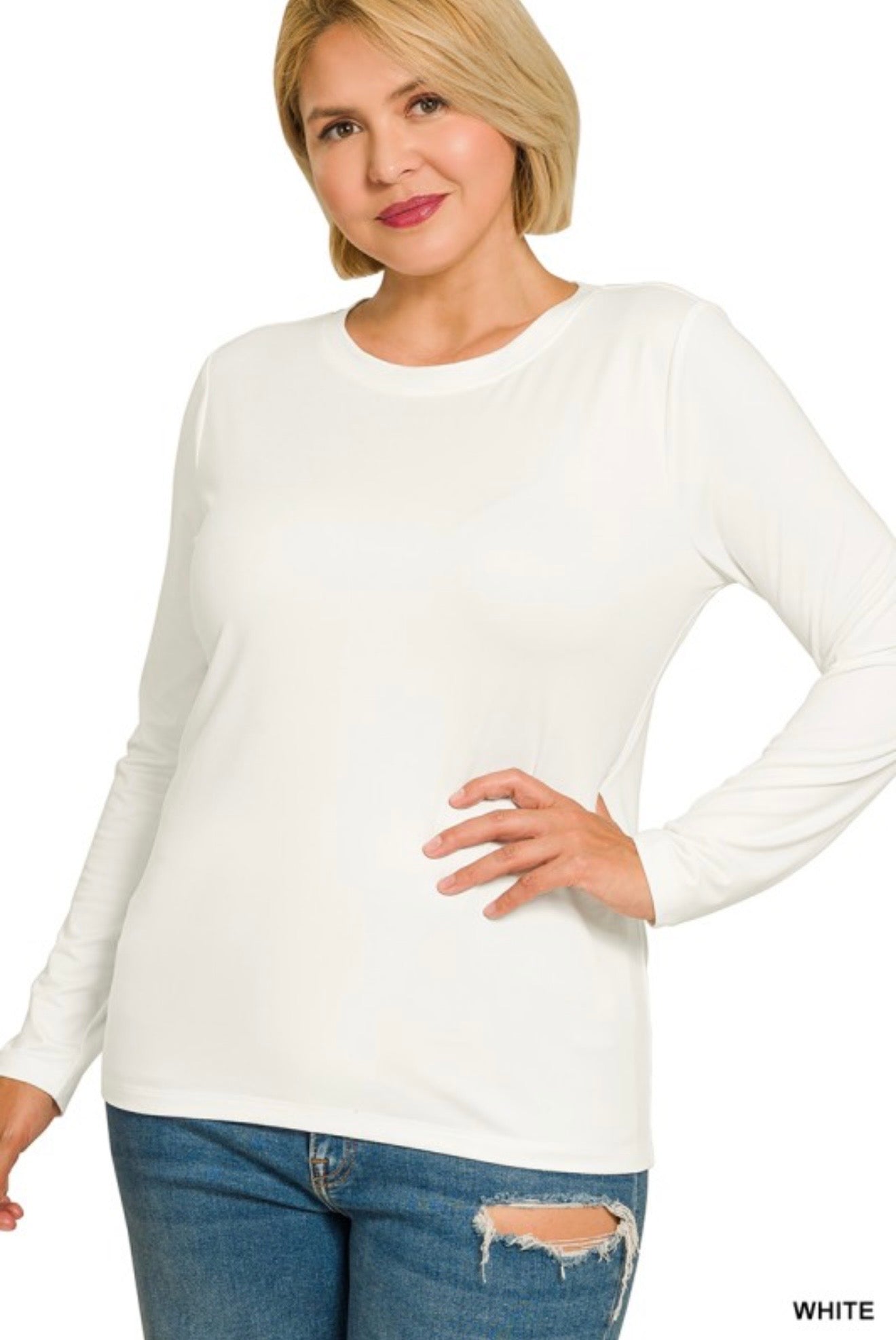 Brushed Microfiber Long Sleeve Round Neck Basic Layering Tee - Sizes up to 3X