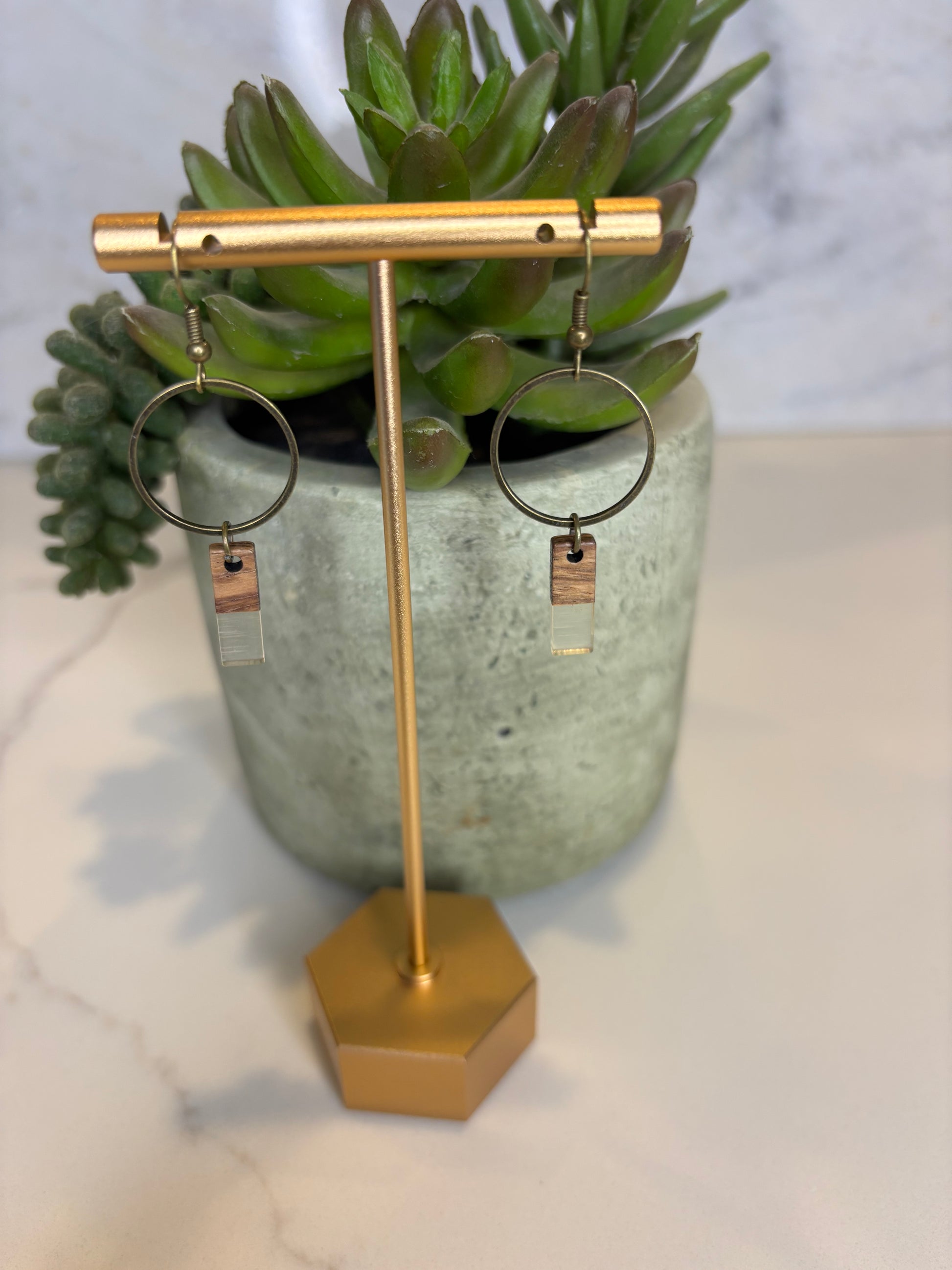 Small Acrylic And Wood Dangle Earrings