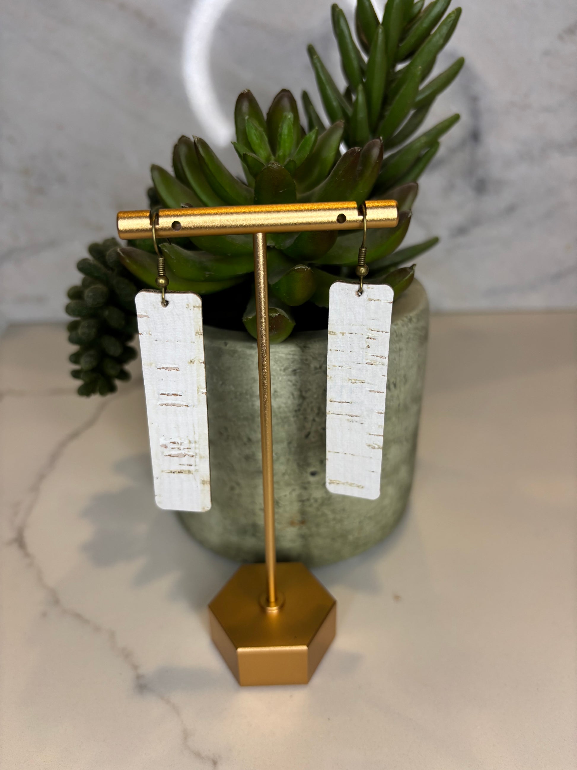 Rectangle White cork leather earrings