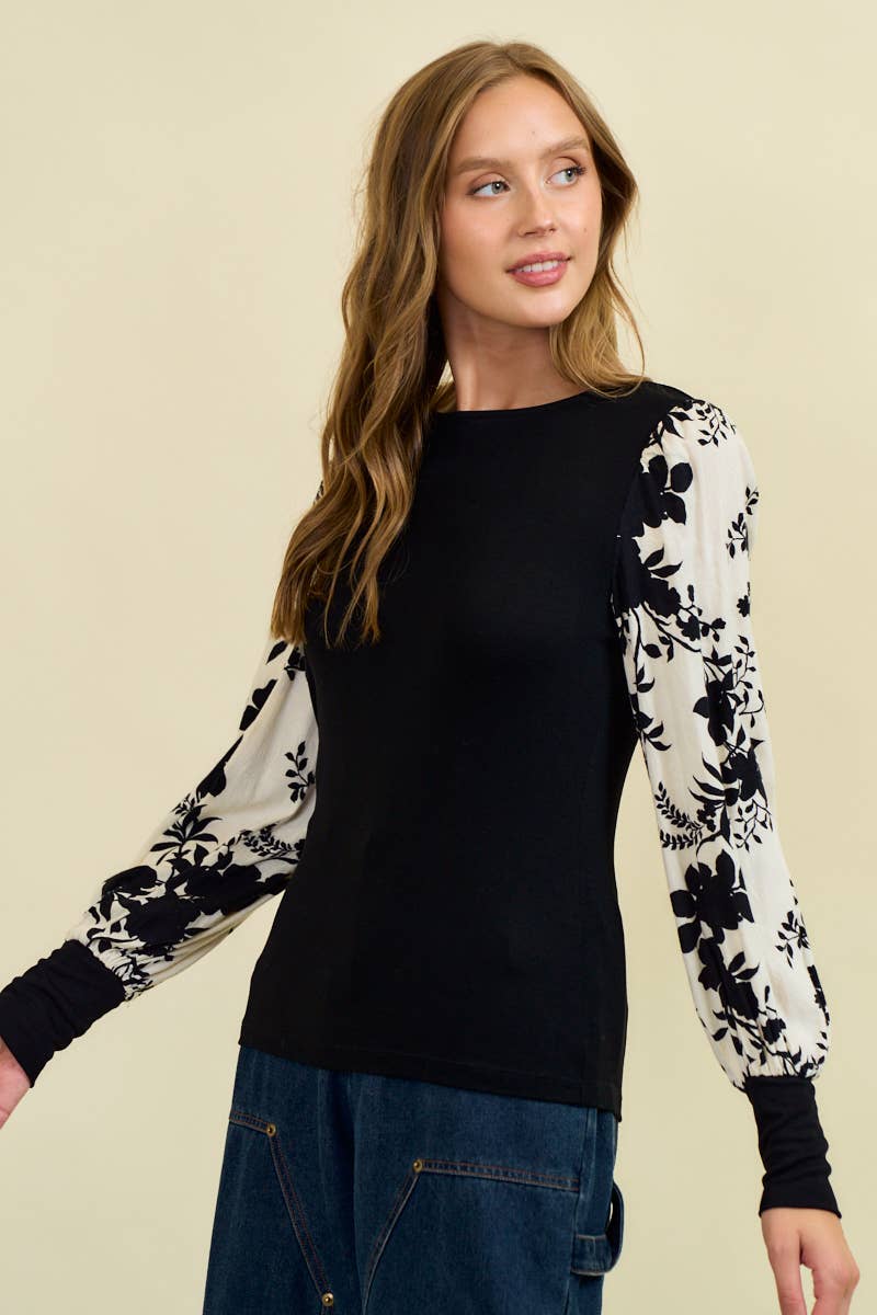 FLORAL JACQUARD CONTRAST SLEEVE KNIT TOP