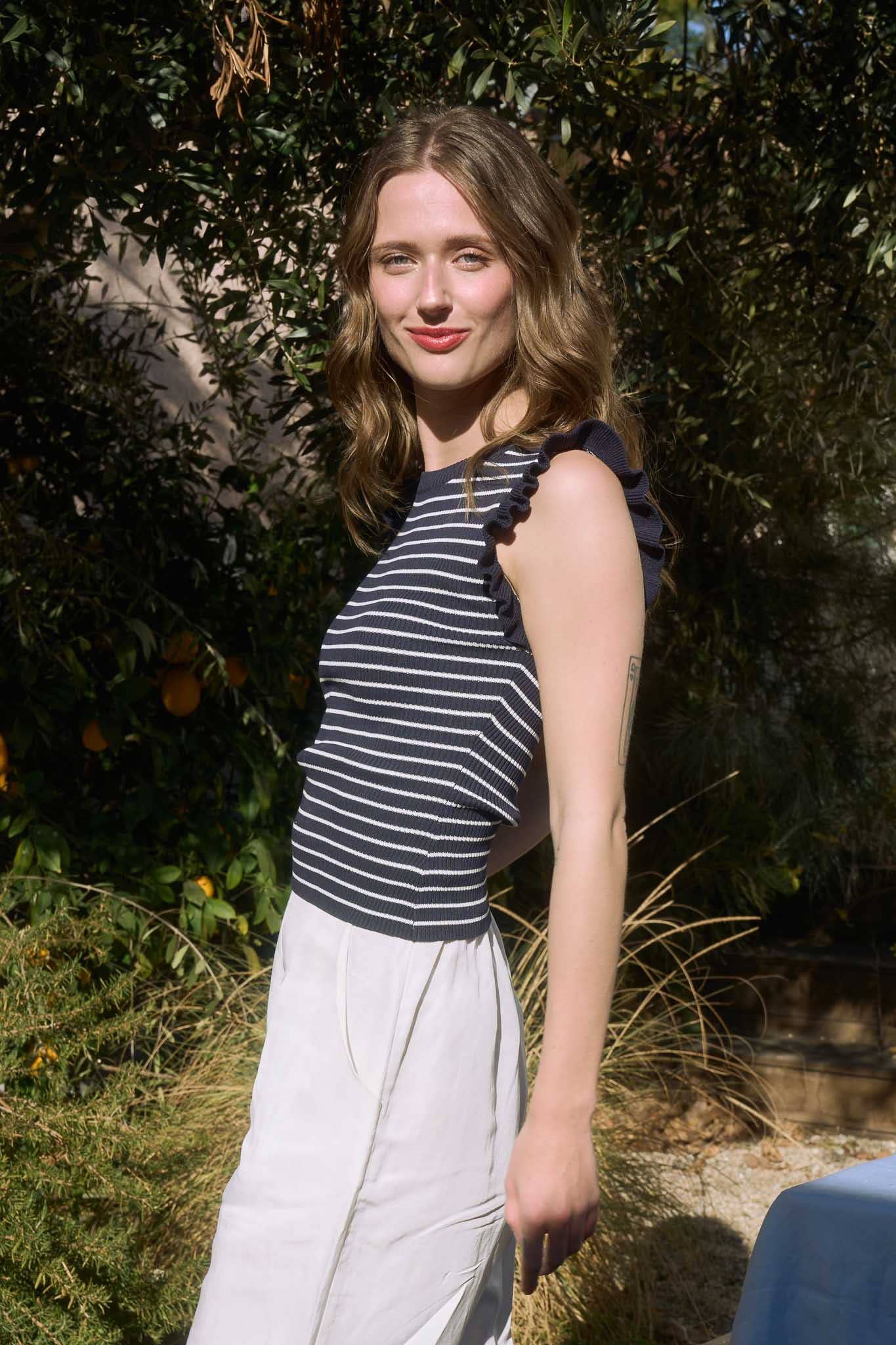 STRIPE RUFFLE TRIM SLEEVELESS PULLOVER SWEATER