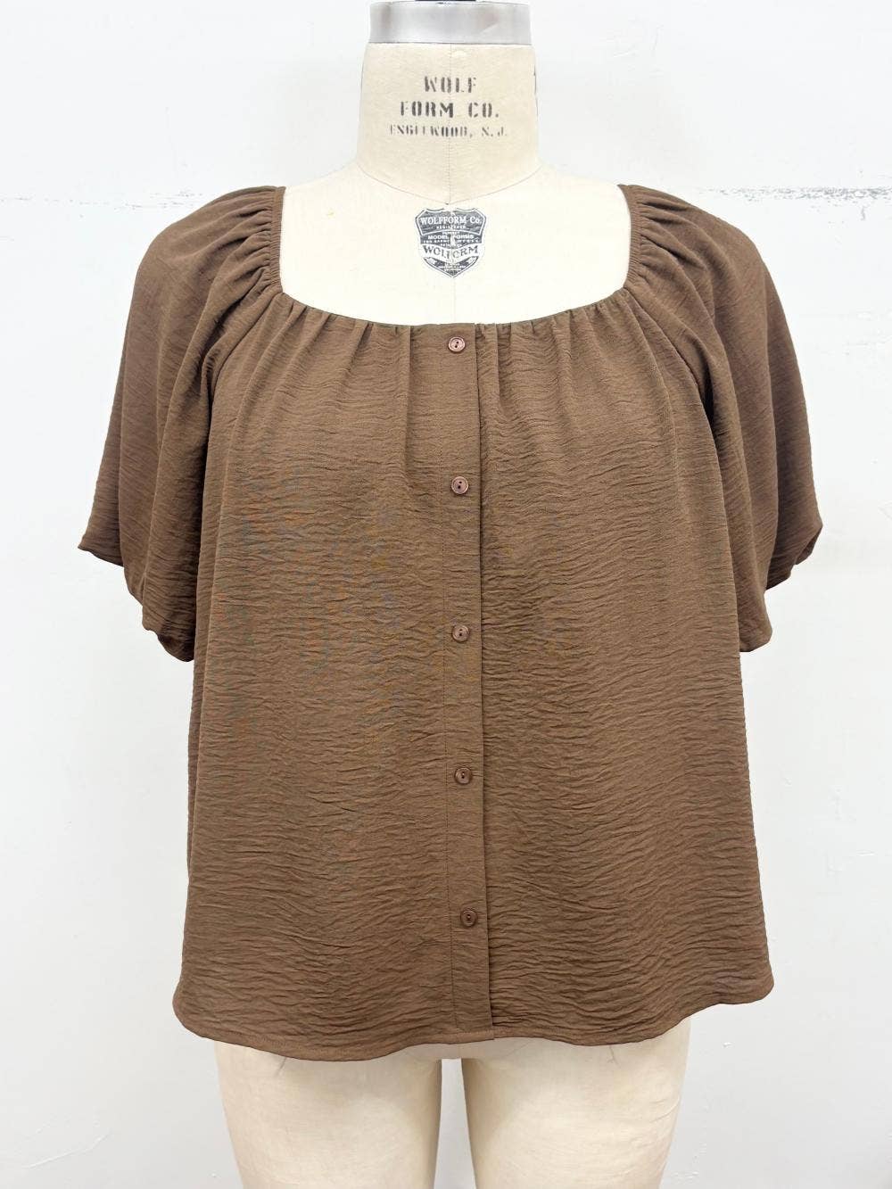 Curvy Bubble Sleeve Button Front Blouse