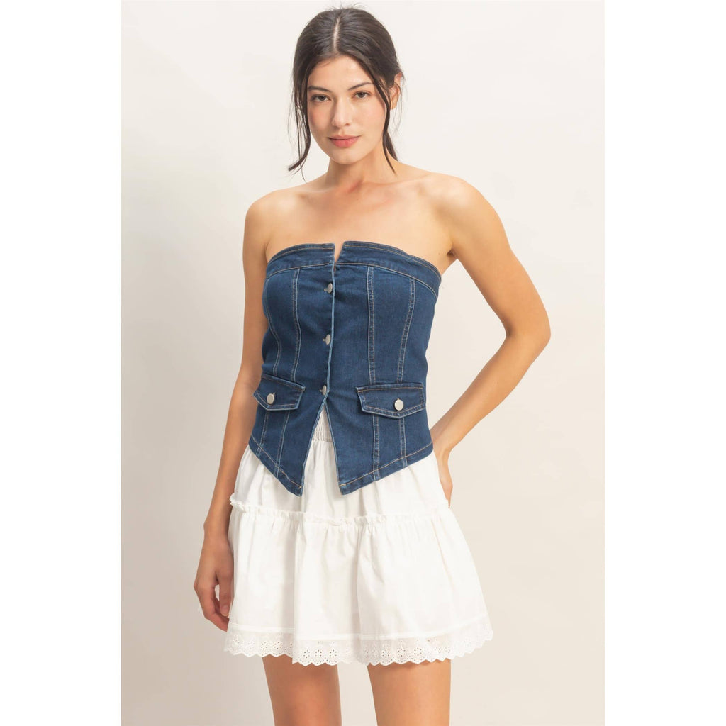Strapless Button-Up Denim Top