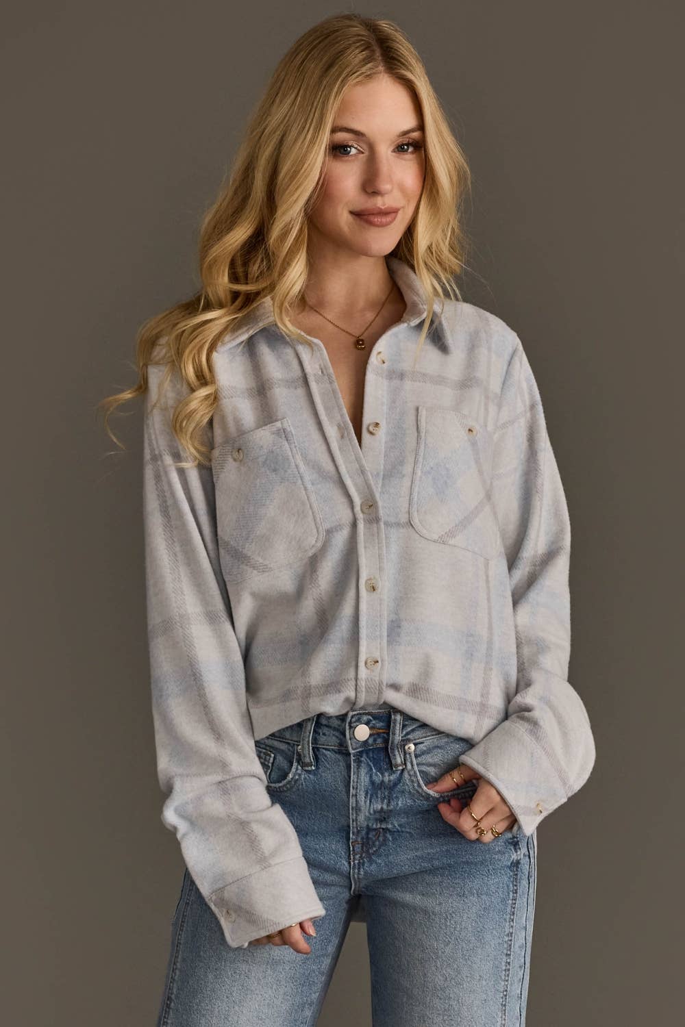 White, Gray & Lt. Blue Plaid Button Up