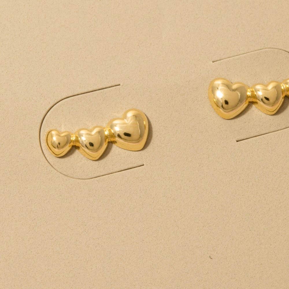 Gold Dipped Triple Heart Bar Stud Earrings