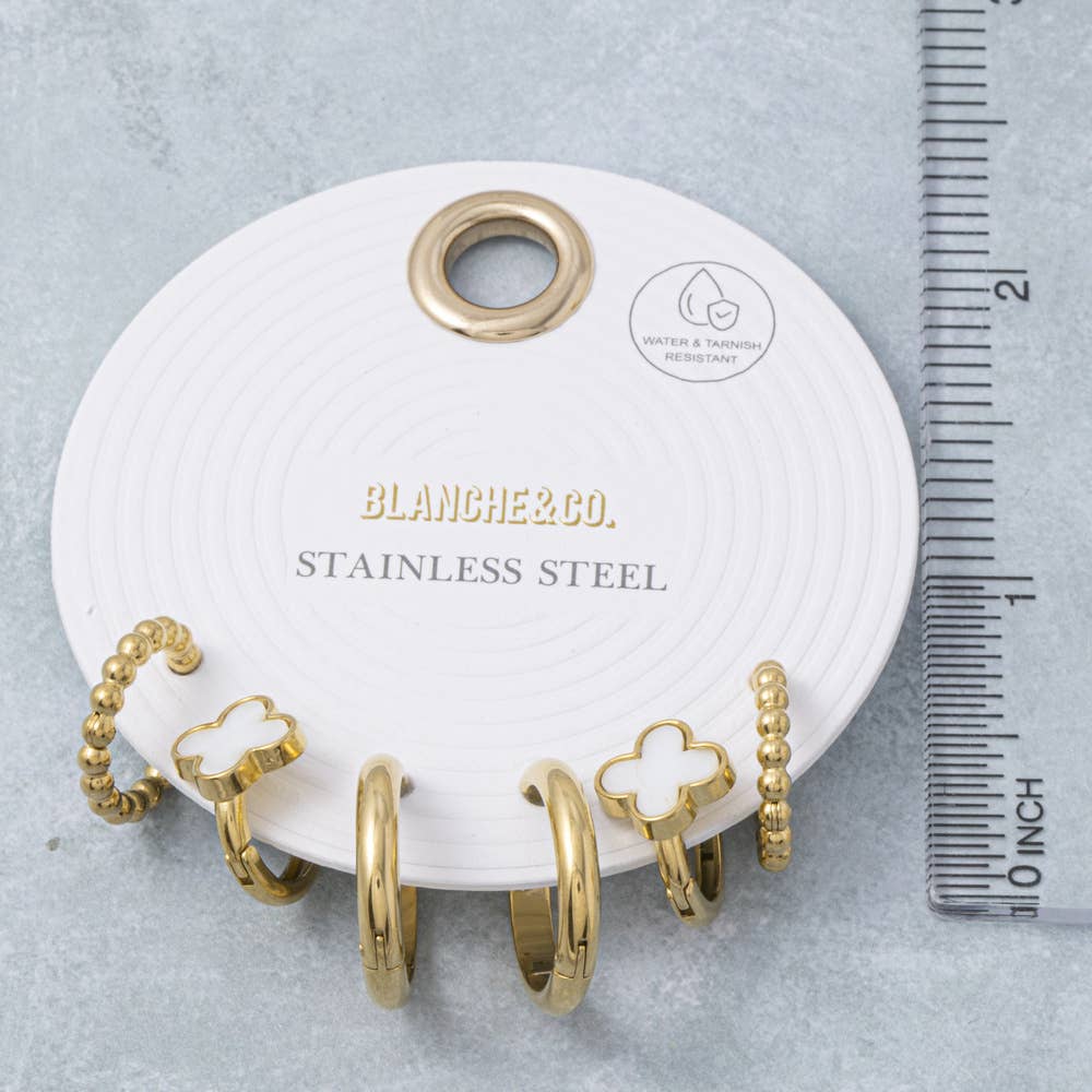 Stainless Steel Clover And Hoop Earrings Set