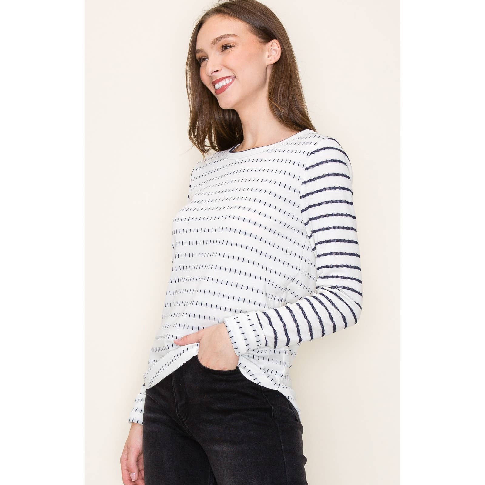 DOUBLE STRIEPD POLY FRENCH TERRRY TOP