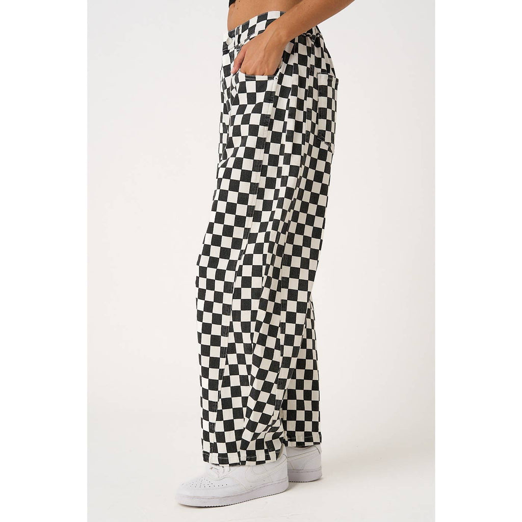 GAME DAY CHECKERED ELASTIC WAIST BARREL PANTS