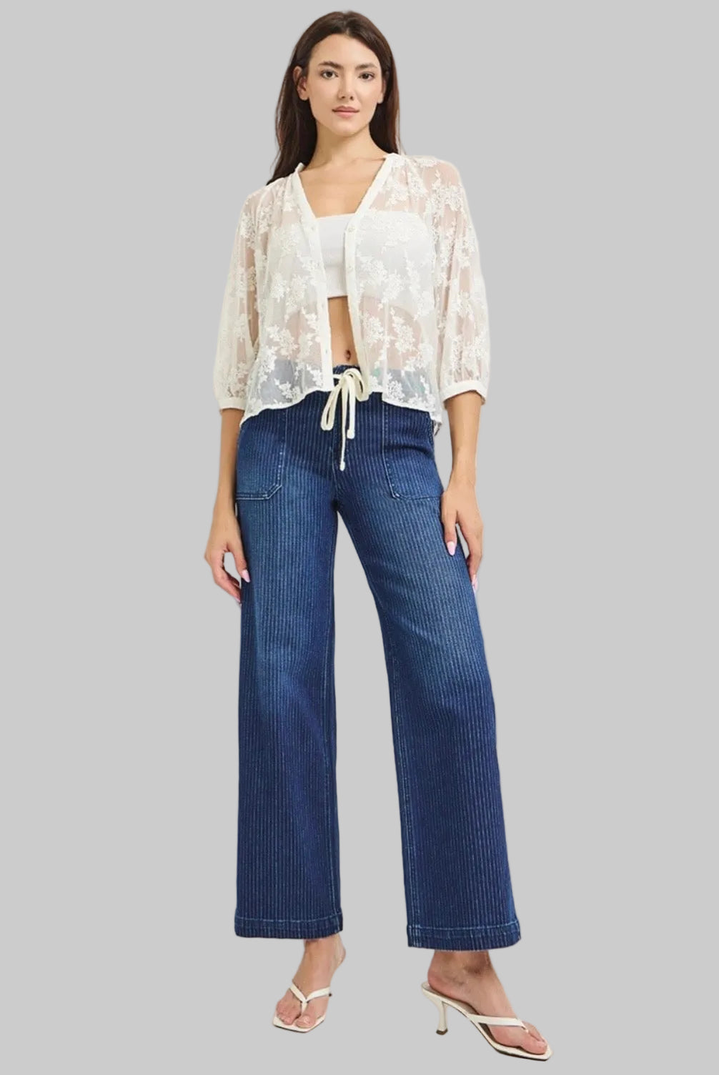 Risen Stripe Wide Leg Jeans with Drawstring
