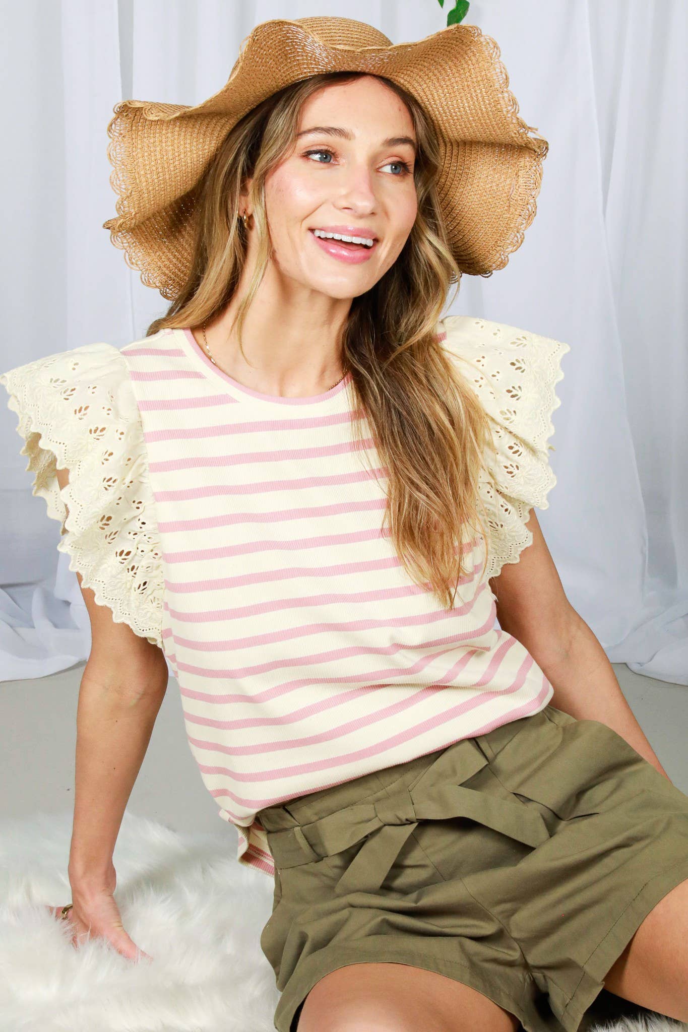 Lace Flutter Sleeve Striped Cotton Rib Knit Top