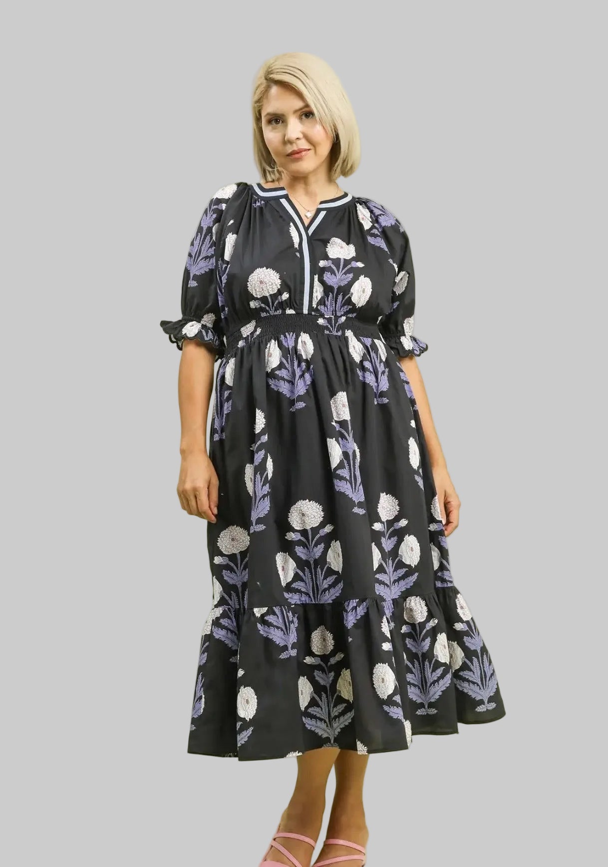 Curvy Floral Smocked Waist Midi Dress