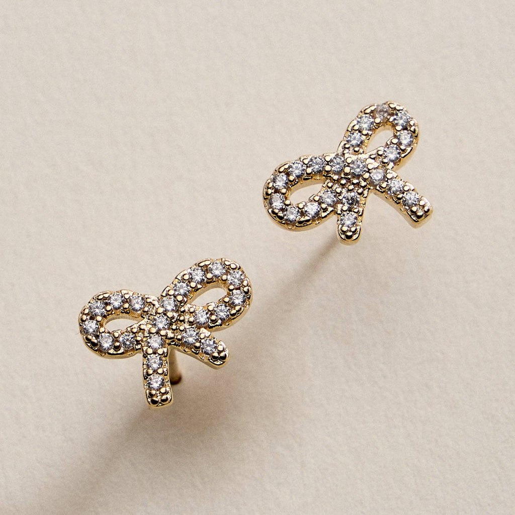 Gold Filled Bow Stud Earrings with Sparkling CZ Accents