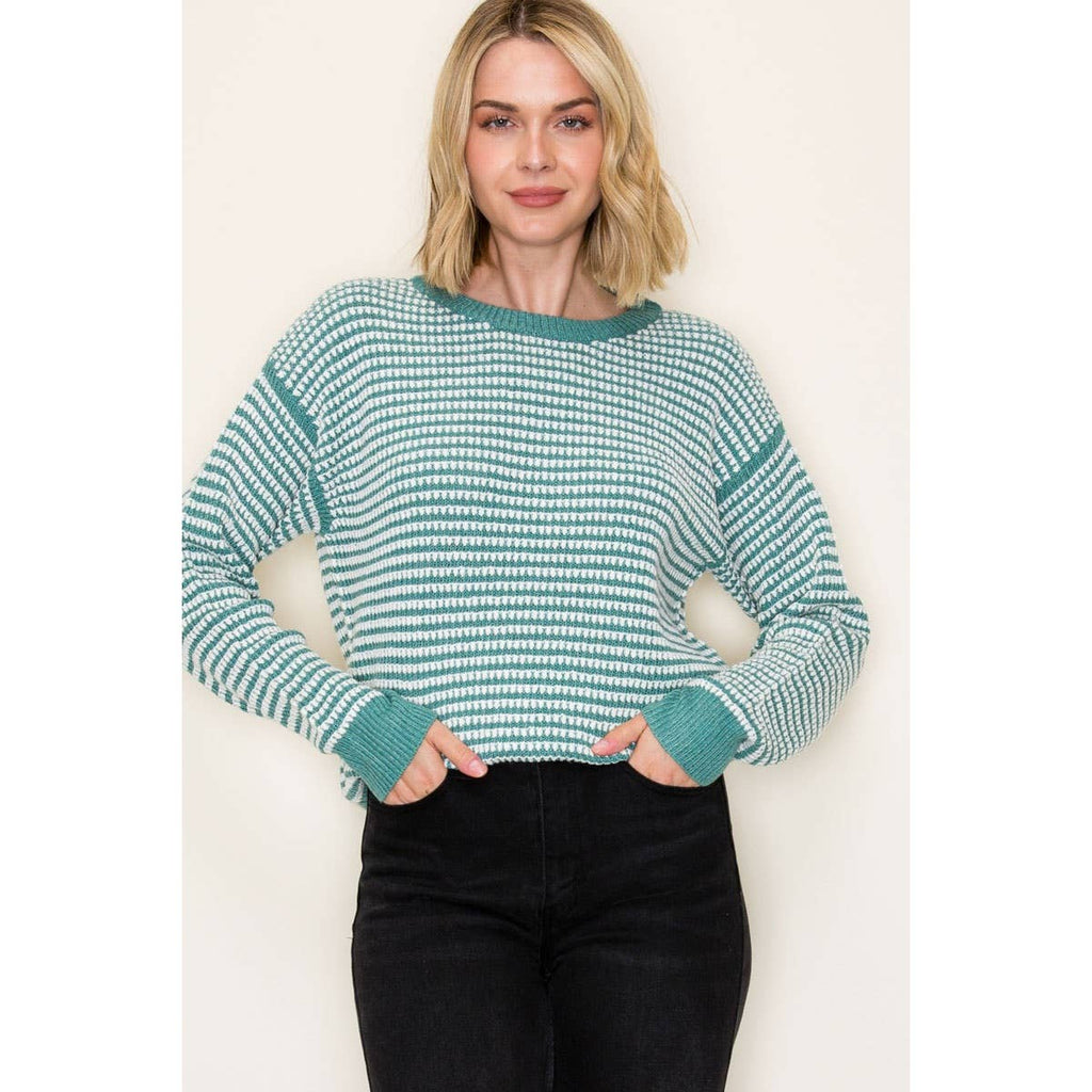 2 TONE WAFFLE STRIPED PULLOVER SWEATER