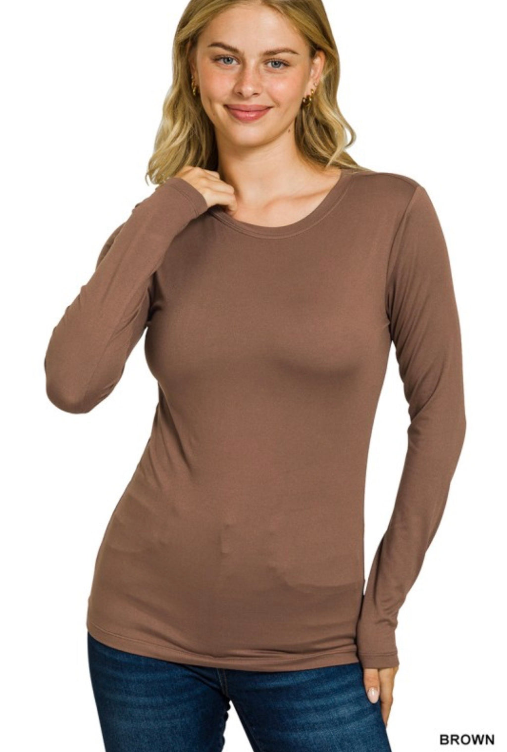 Brushed Microfiber Long Sleeve Round Neck Basic Layering Tee - Sizes up to 3X