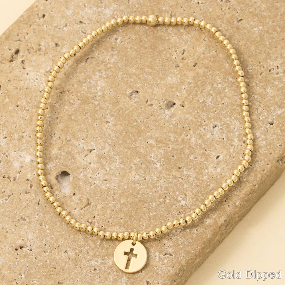 Gold Dipped Cross Coin Charm Beaded Bracelet