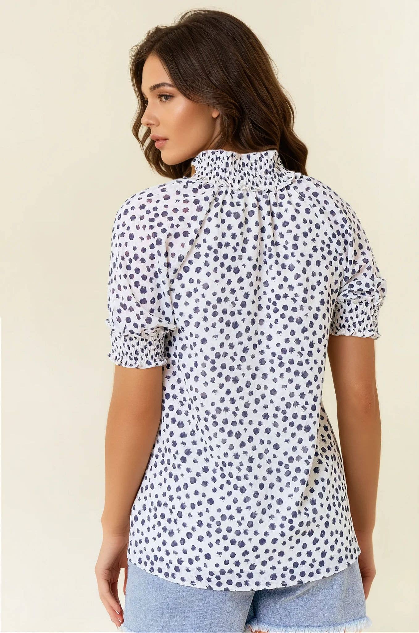 JACQUARD DOT PRINT SHORT SLEEVE BLOUSE