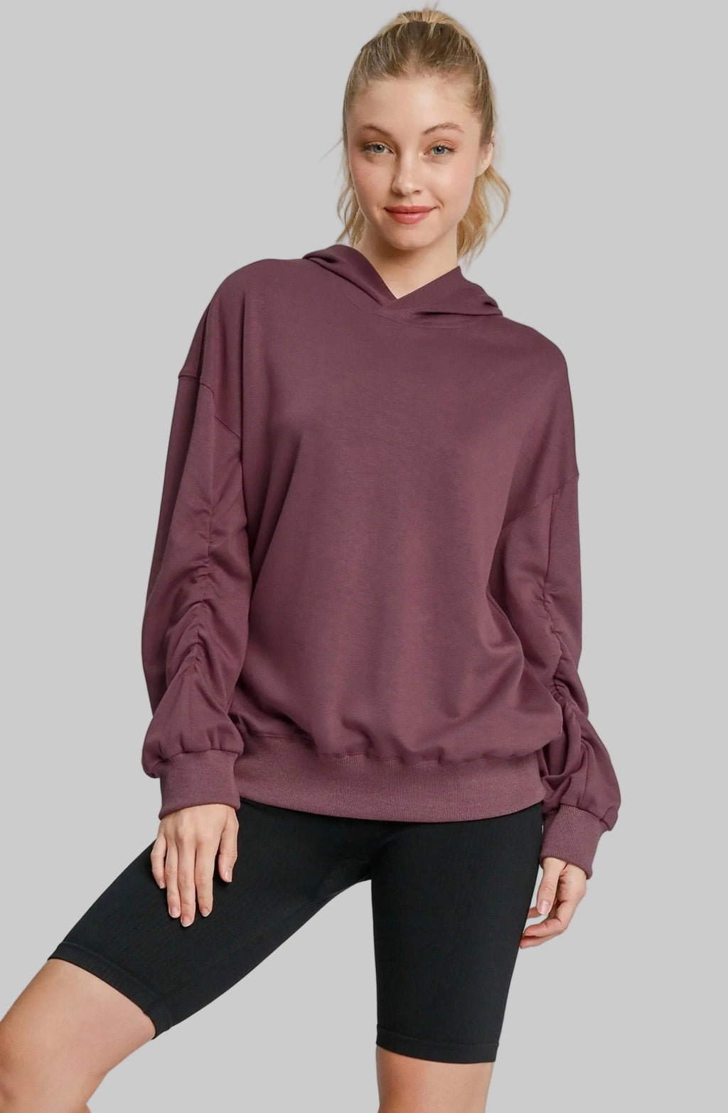 Luxe knit Ruched Sleeve Hooded Sweatshirt