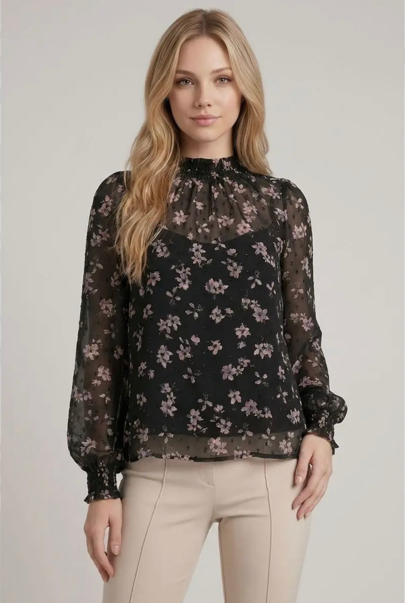 Floral Print Dot Texture Blouse