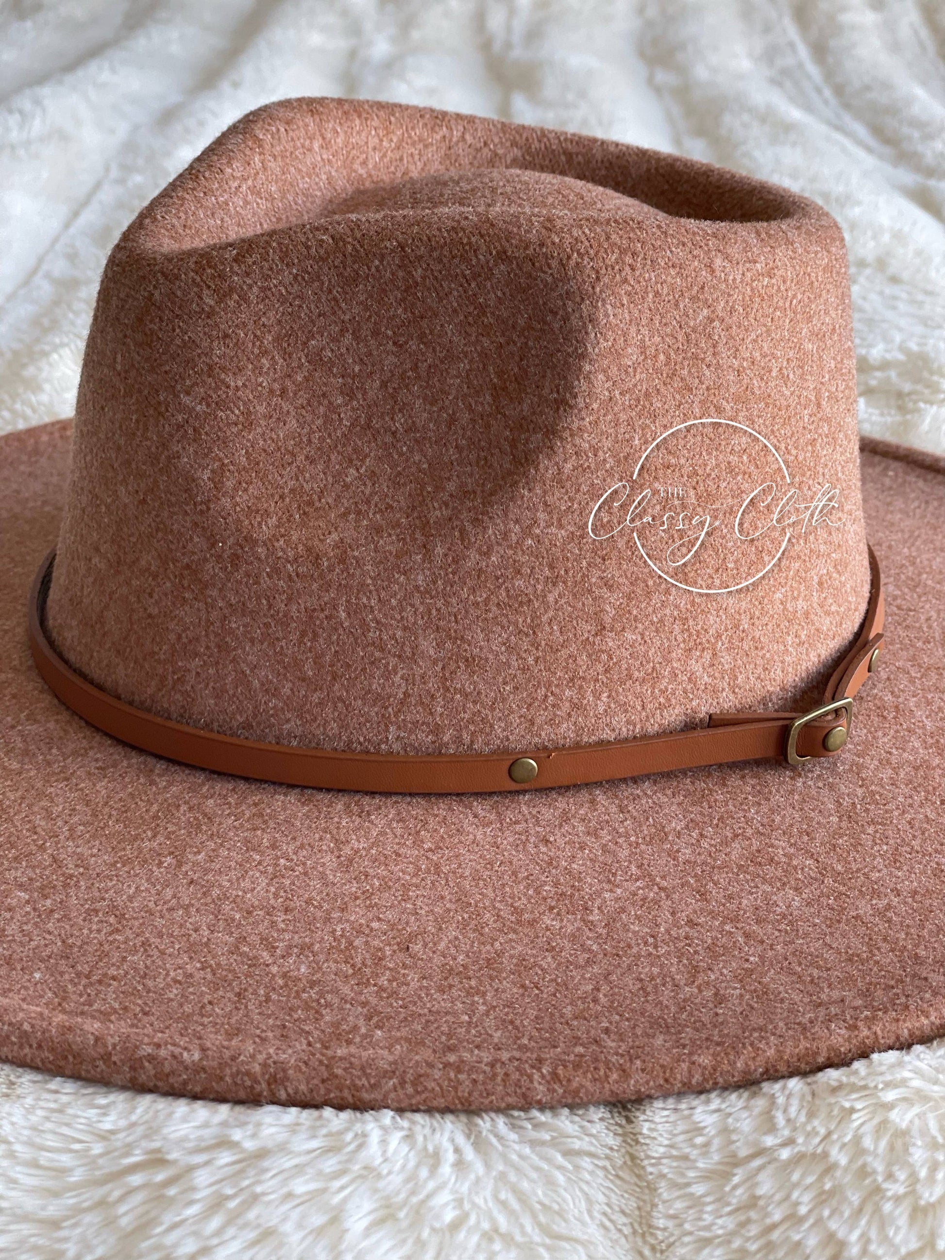 Wool Blend Wide Brim Hat w/ Belt - Camel