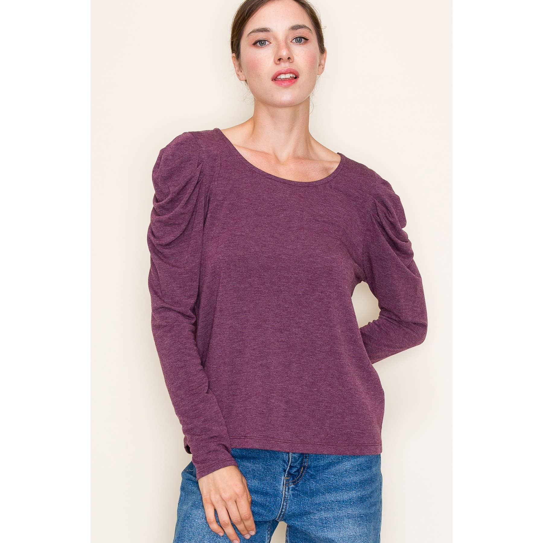 ROUND NECK GATHERED LONG SLEEVE TERRY TOP