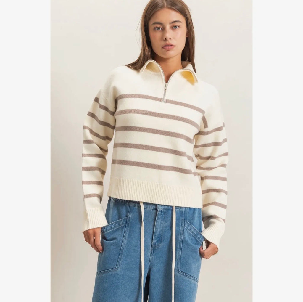 Half Zip Collared Stripe Sweater