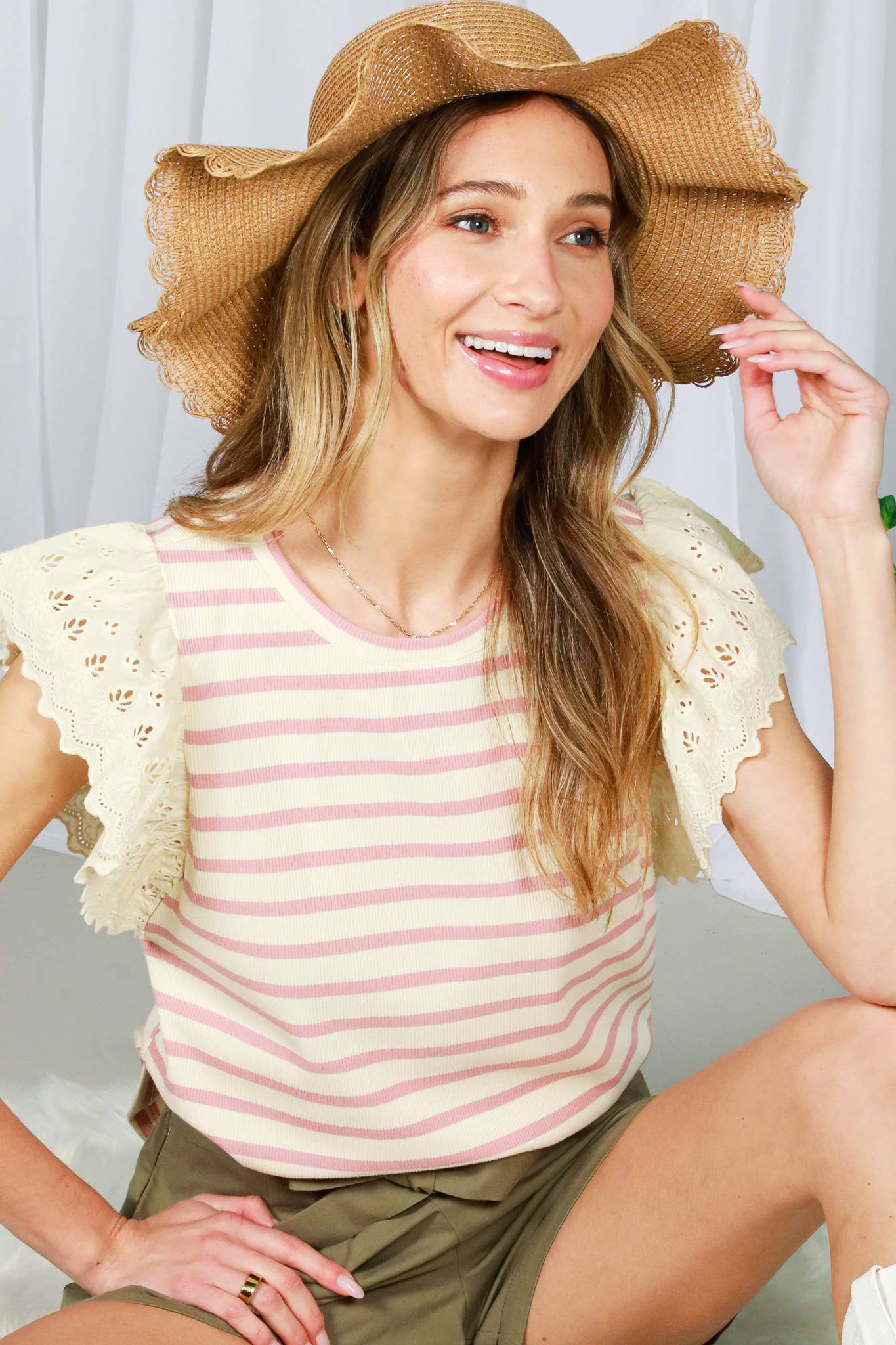 Lace Flutter Sleeve Striped Cotton Rib Knit Top