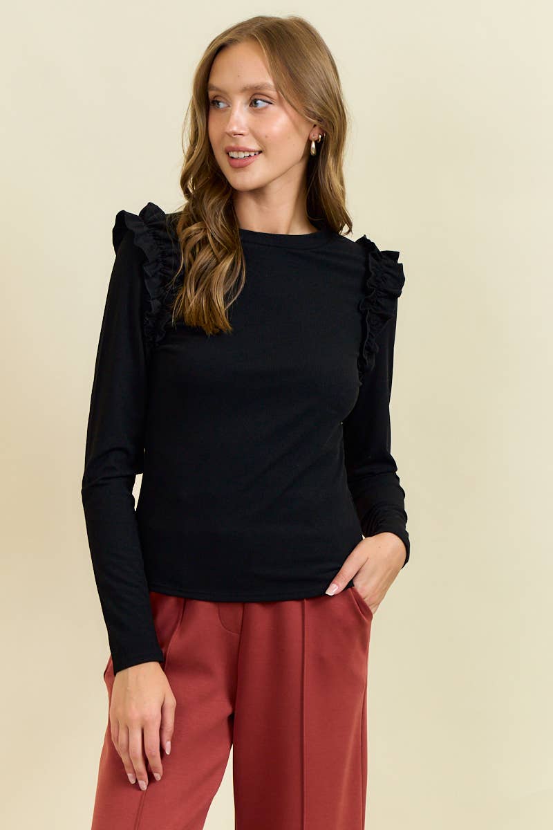 FAUX SUEDE RUFFLE SHOULDER LONG SLEEVE TOP