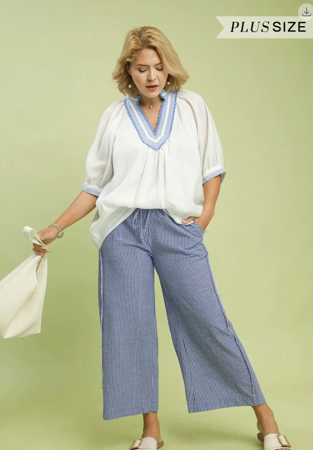 Curvy Linen Blend Stripe Wide Leg Pants