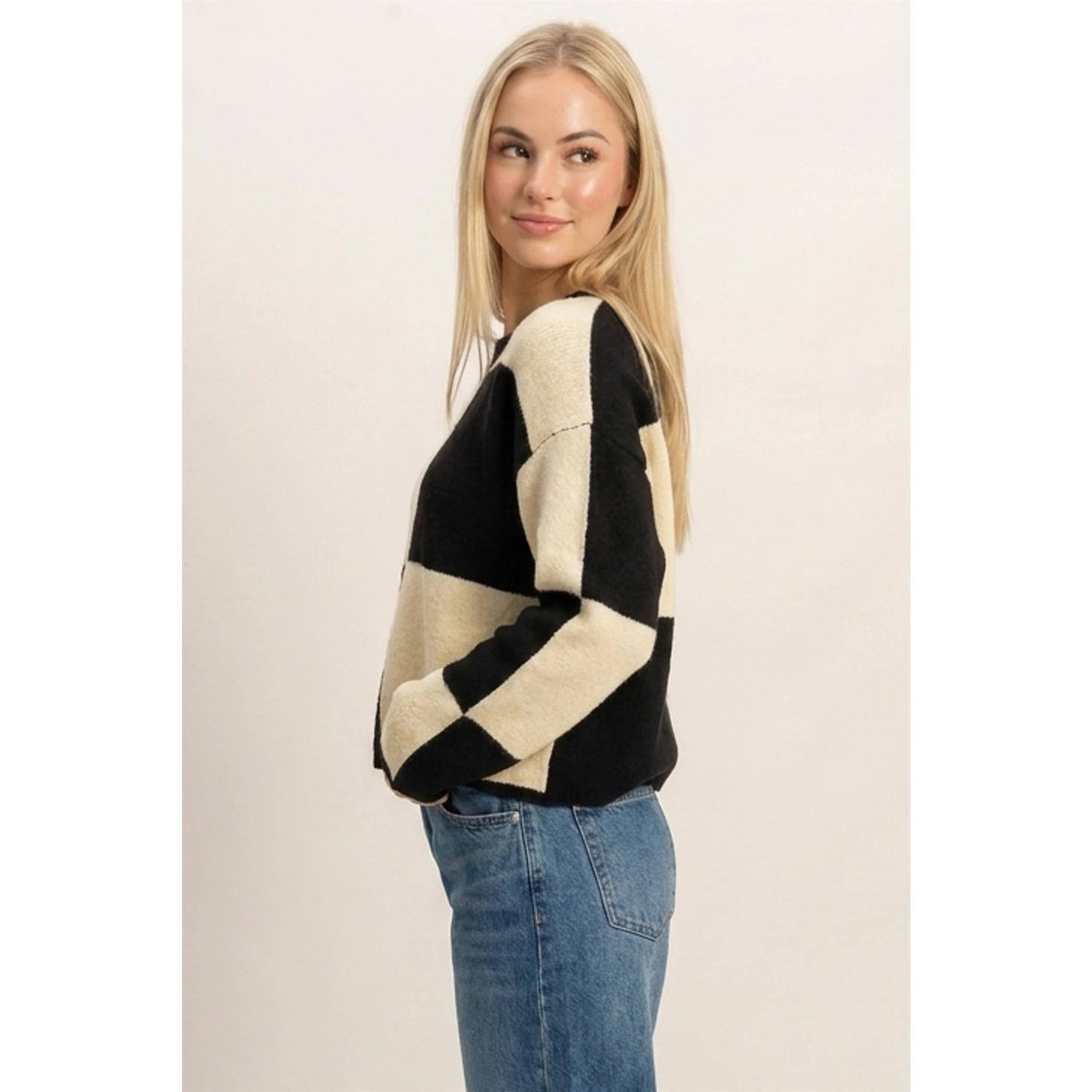 Crew Neck Checkered Sweater