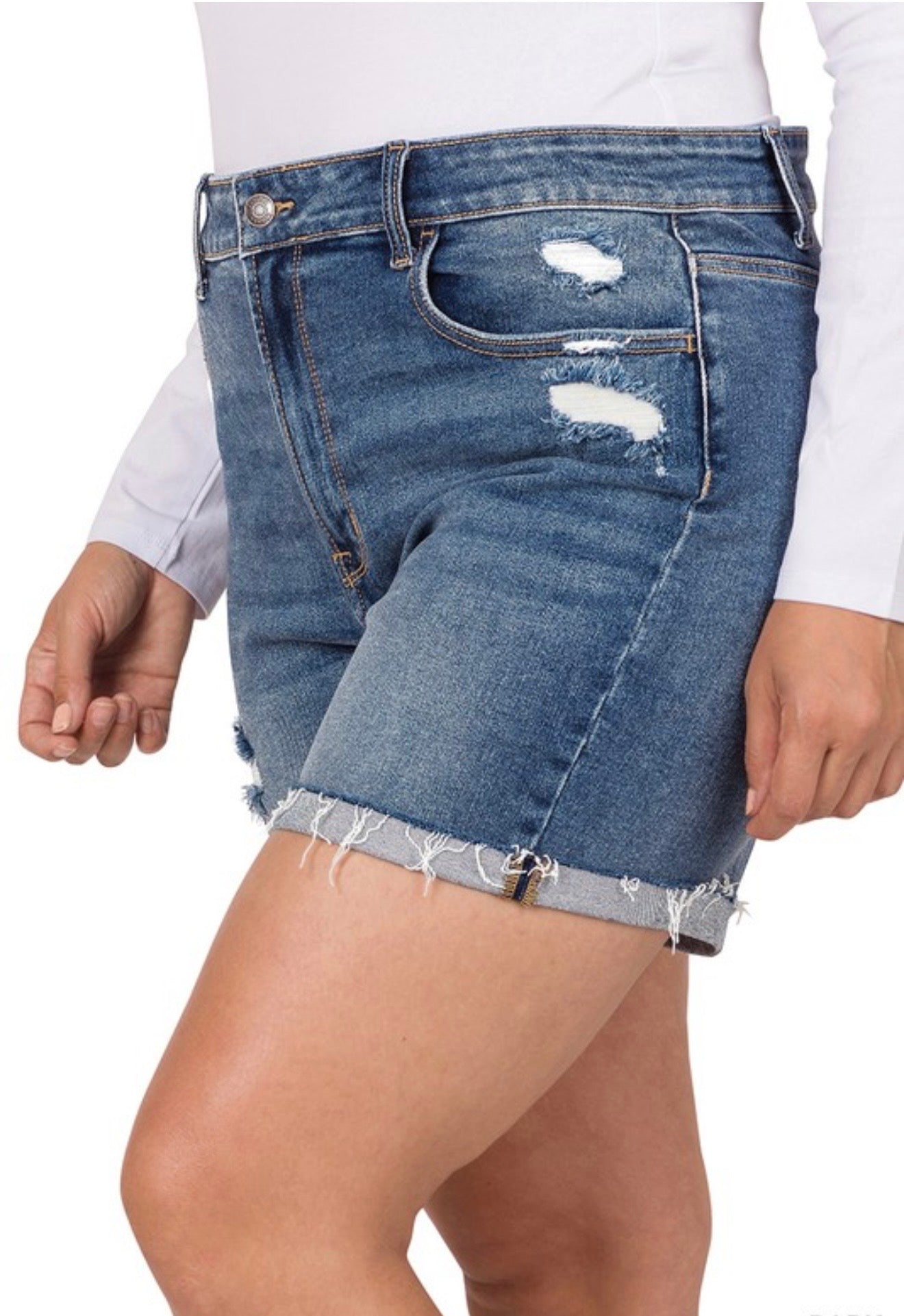 Curvy Cuffed Raw Hem Denim Shorts
