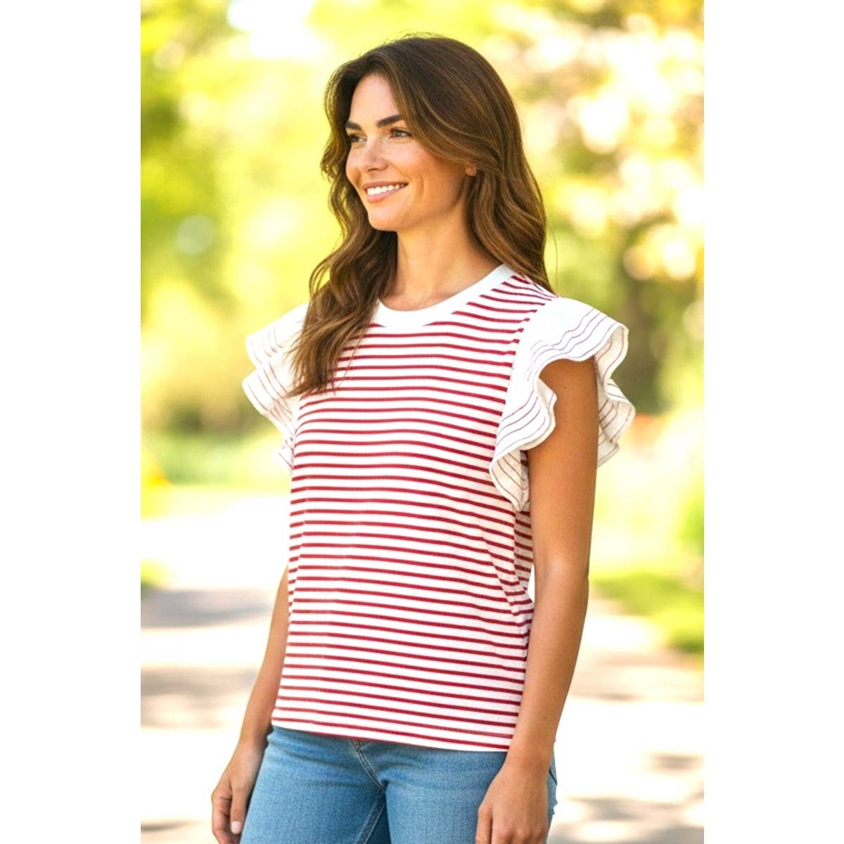 SITCHED FLUTTER SLEEVE STRIPED TOP
