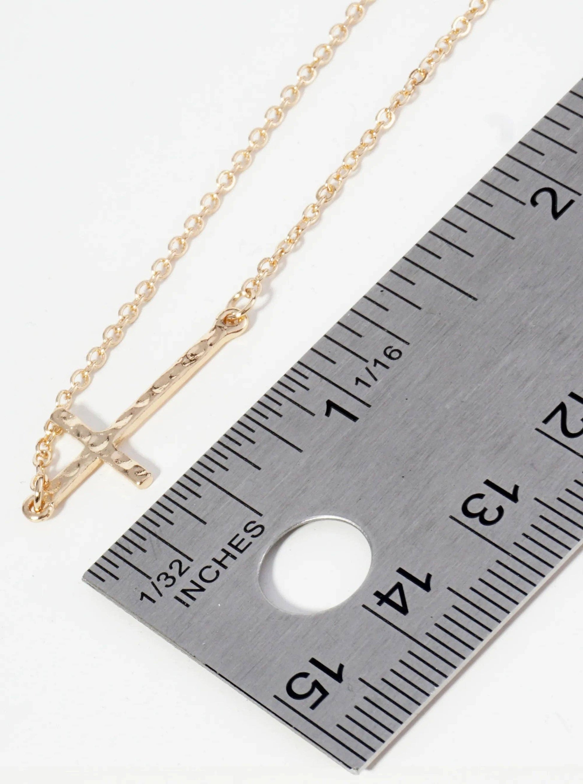 Hammered Metal 1 Inch Sideways Cross Pendant Necklace