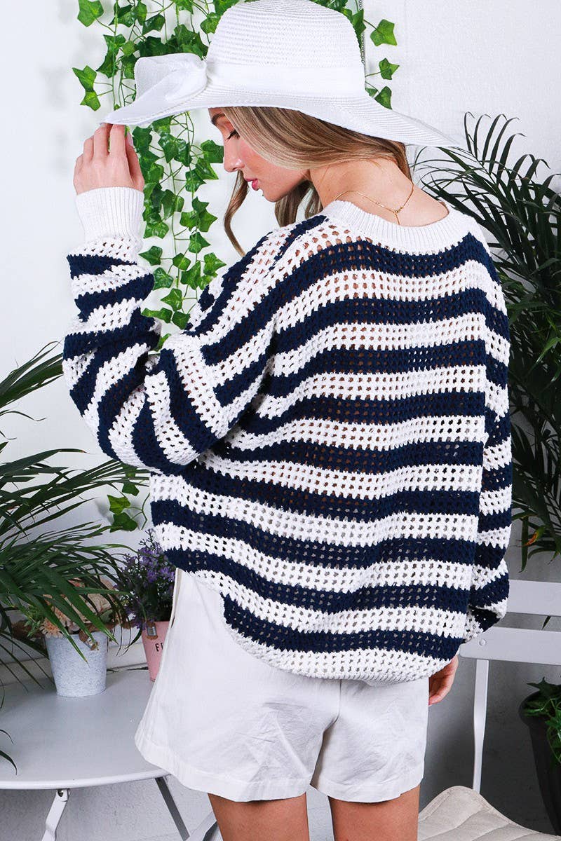 Striped Crochet Long-Sleeve Knitted Pullover Sweater