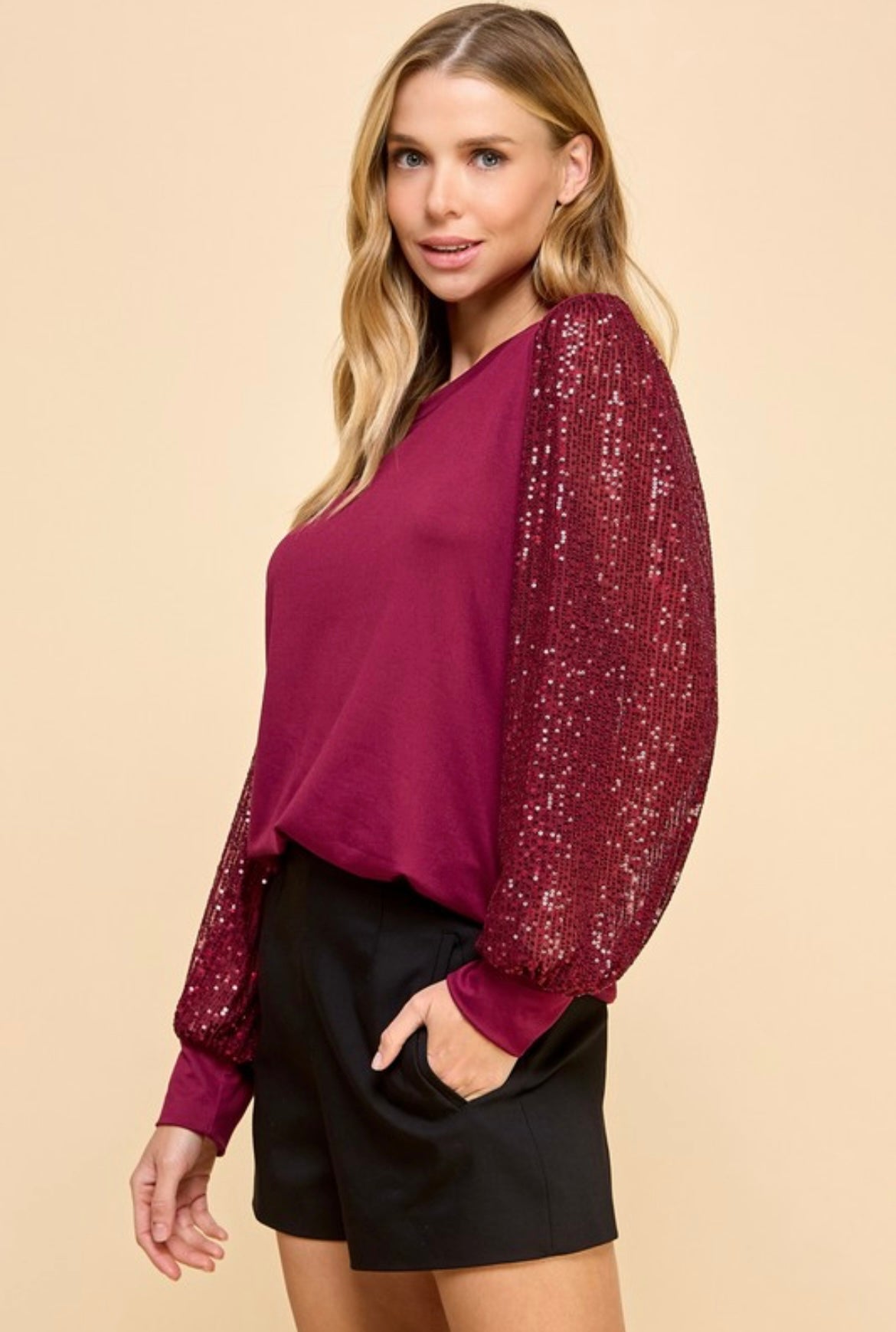 Knit top with Sequin Detail Sleeves