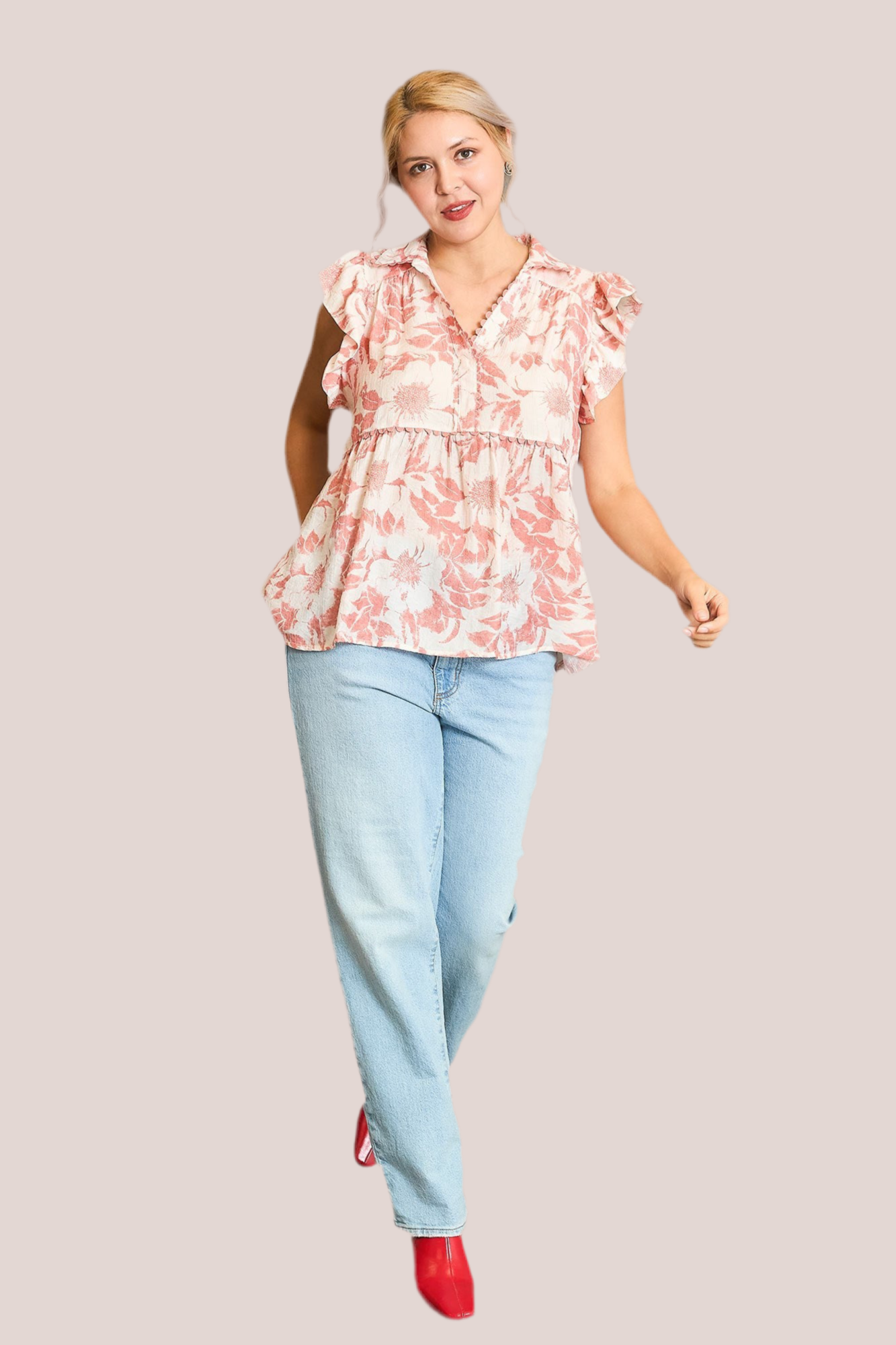Curvy Botanical Print Baby Doll Top