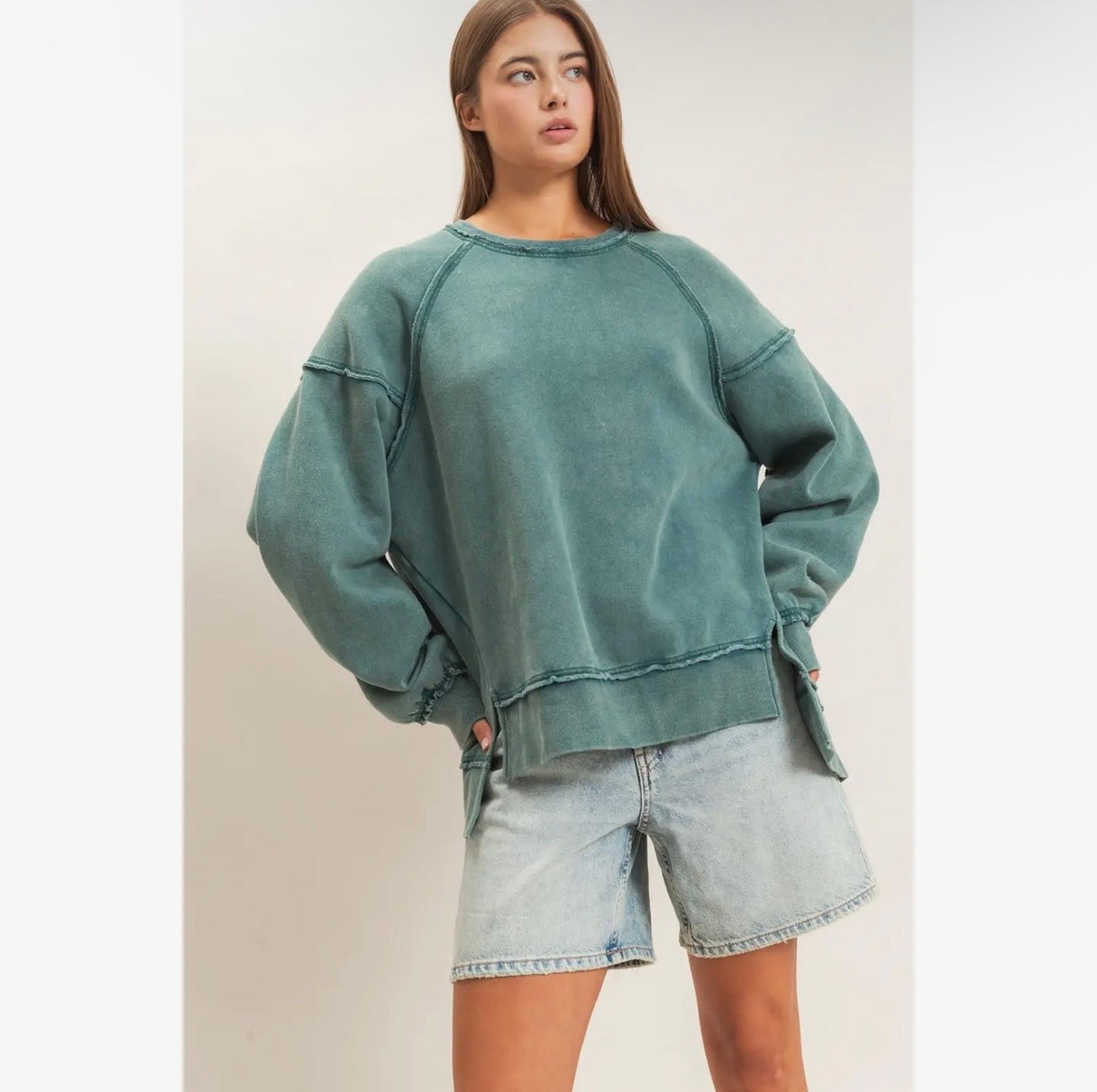 Acid Wash Raw Edge Sweatshirt