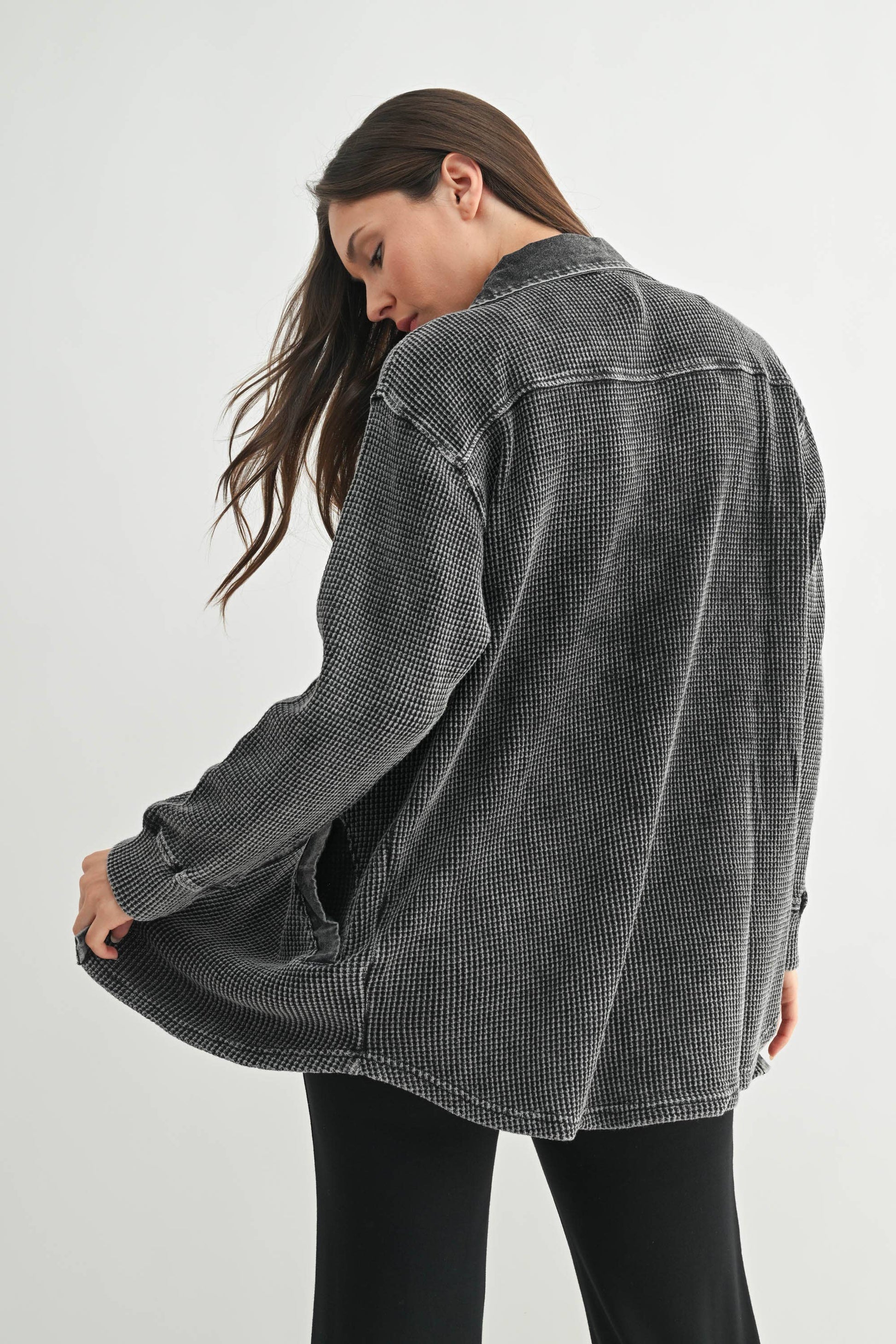 Waffle Knit Mineral-Washed Button Down Jacket