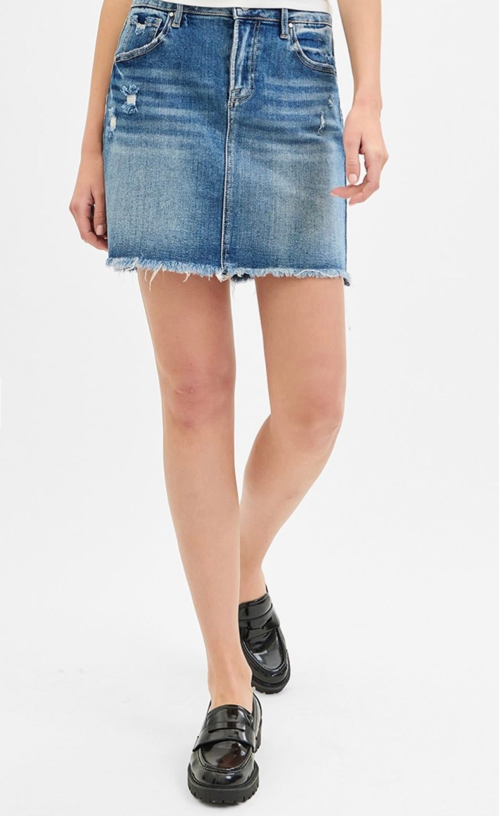 Risen Frayed Hem Denim Skirt
