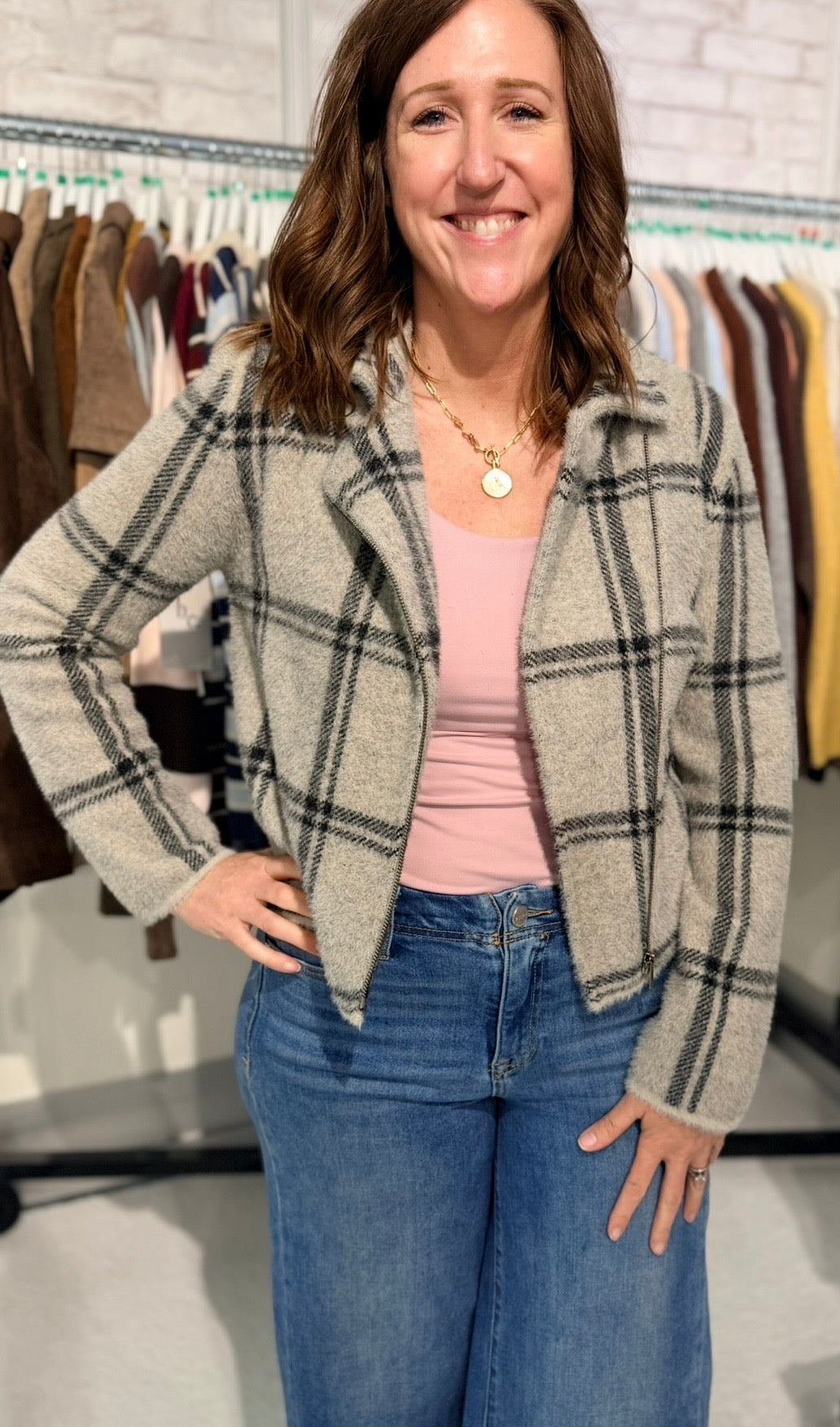 Cozy Grey Plaid Cropped Jacket