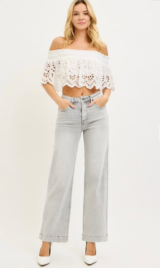 Risen High Rise Wide Leg Light Grey Ankle Jean