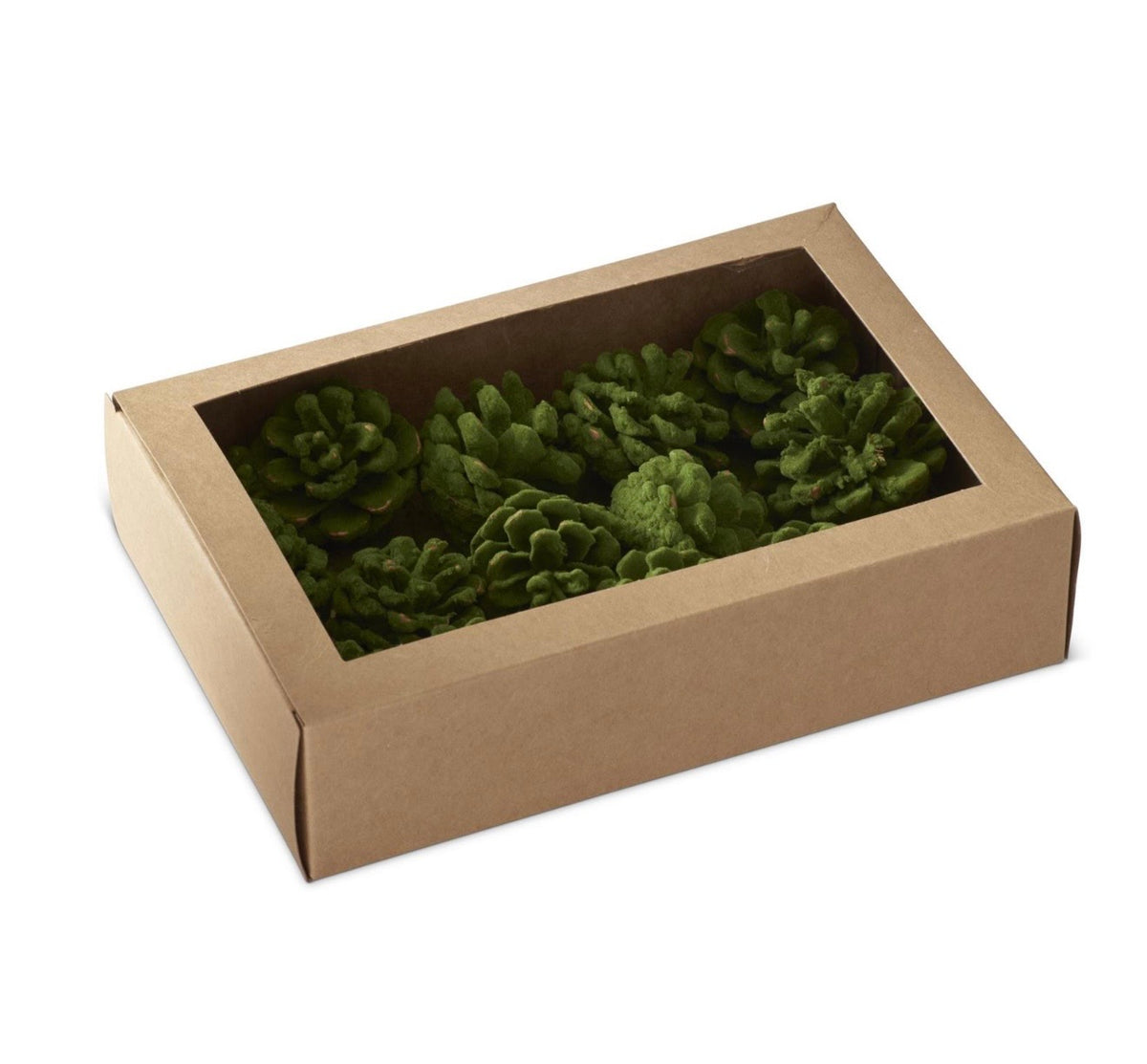 Box of Green Flocked Pinecones