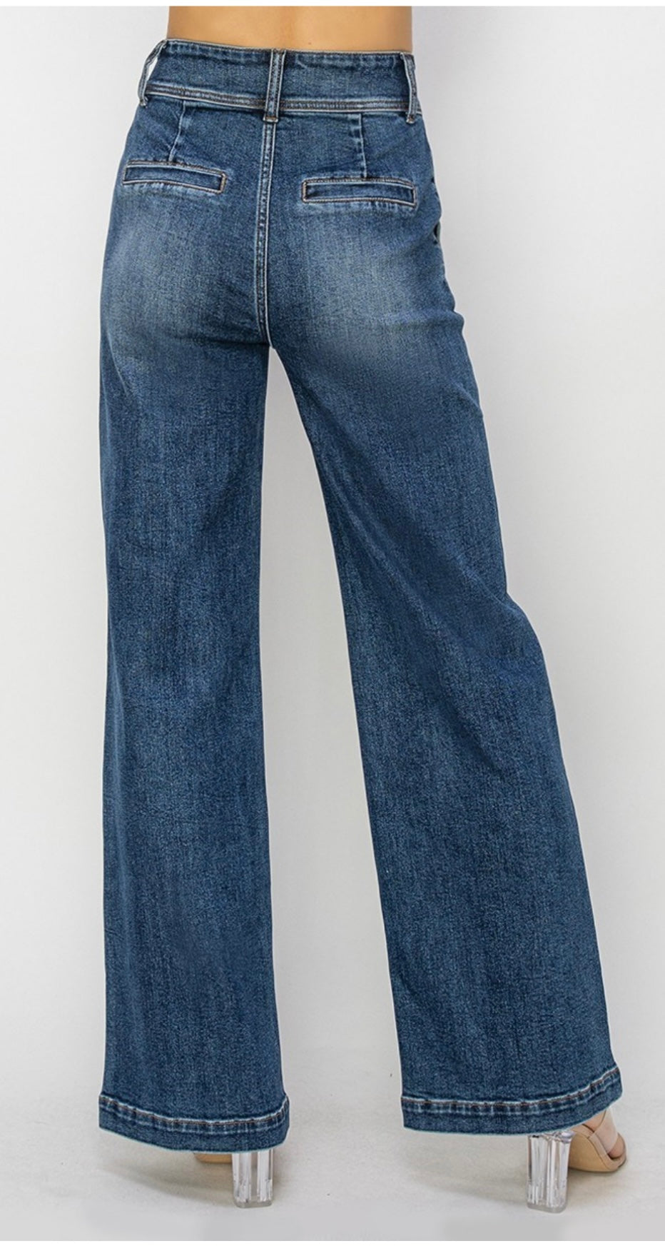 Risen Med Wash Tummy Control HR Double Button Wide Leg Jean