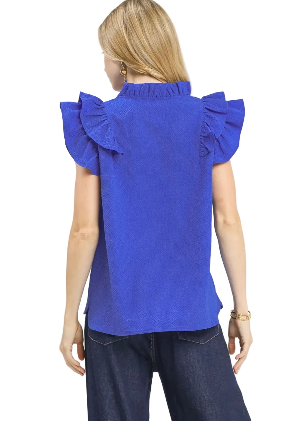 Textured Ruffle Sleeve V-neck Blouse