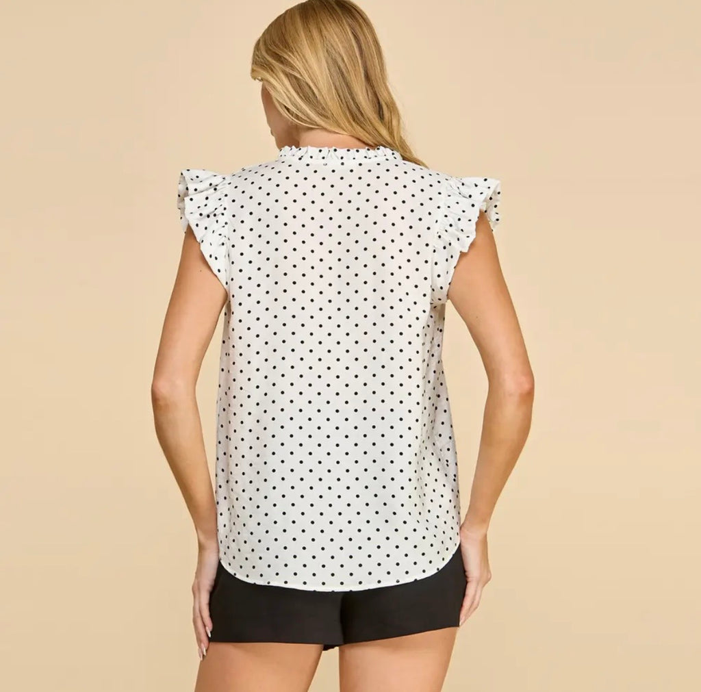 Polka Dot Ruffle Sleeve V-Neck Top